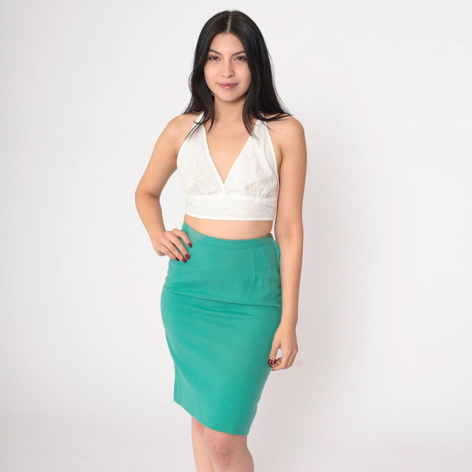 1960s Green Wool Pencil Skirt High Waist Mini Back Zip Extra Small