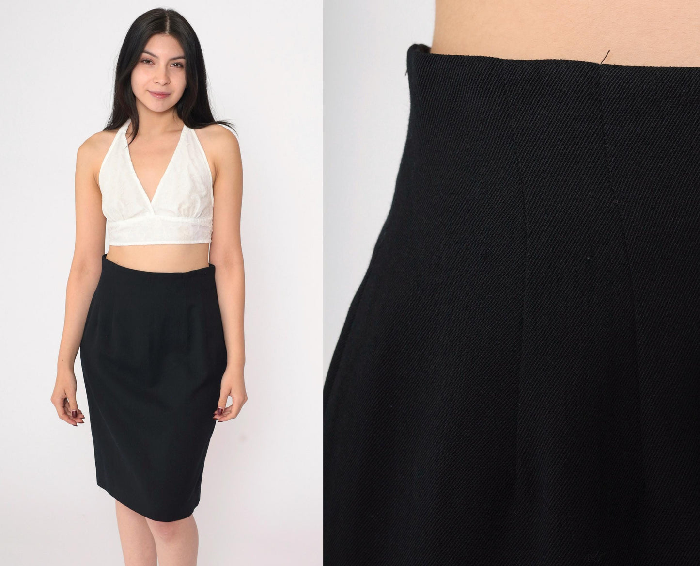 90s Black Pencil Skirt High Waisted Knee Length Small