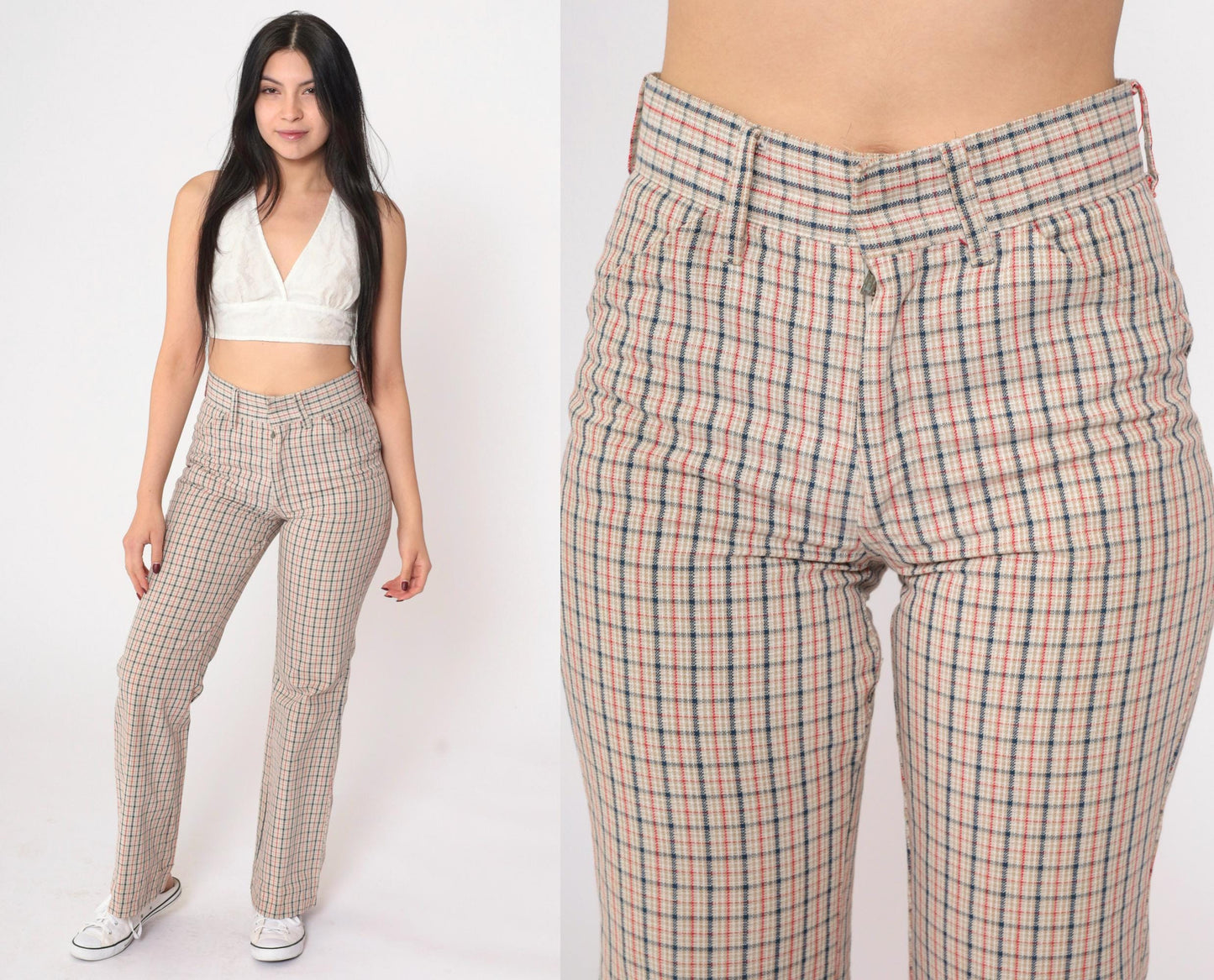 70s Plaid High-Waisted Flared Trousers Beige Red Navy Checkered Small