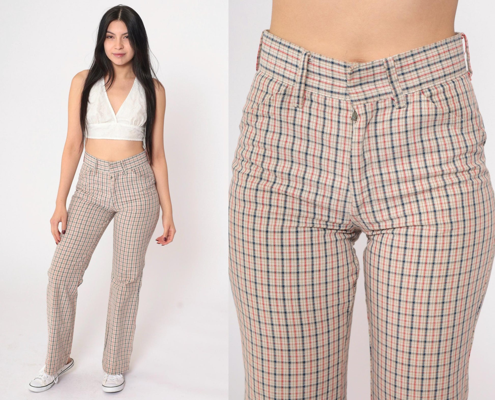 70s Plaid High-Waisted Flared Trousers Beige Red Navy Checkered Small