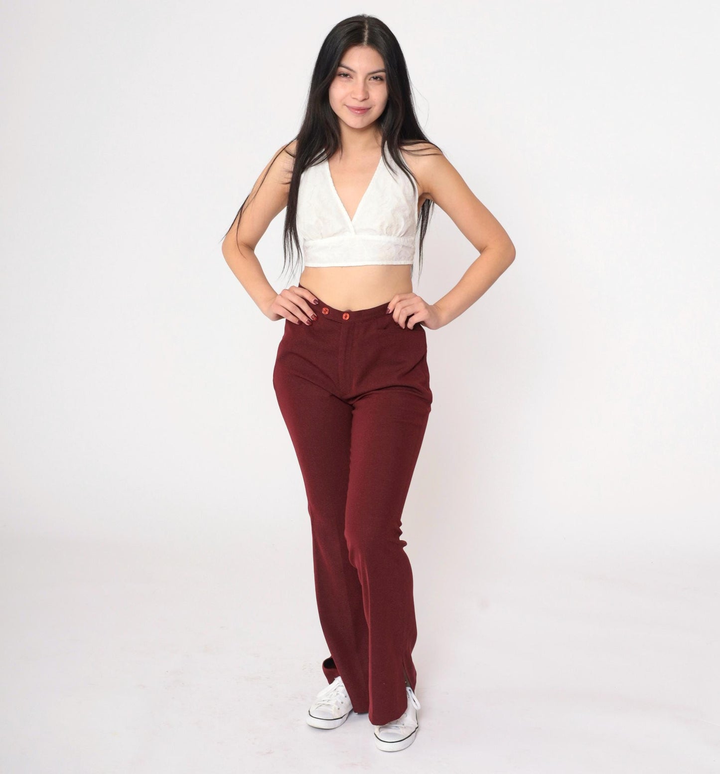 70s Burgundy Bell Bottom Pants High Waist Flared Leg Side Slits Small