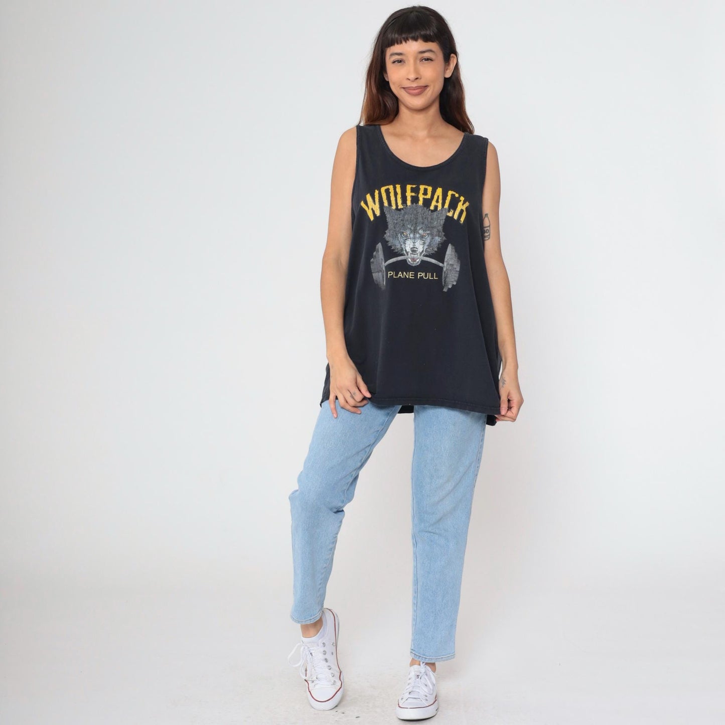 90s Wolfpack Plane Pull Wolf Graphic Tank Top Black Distressed XXL