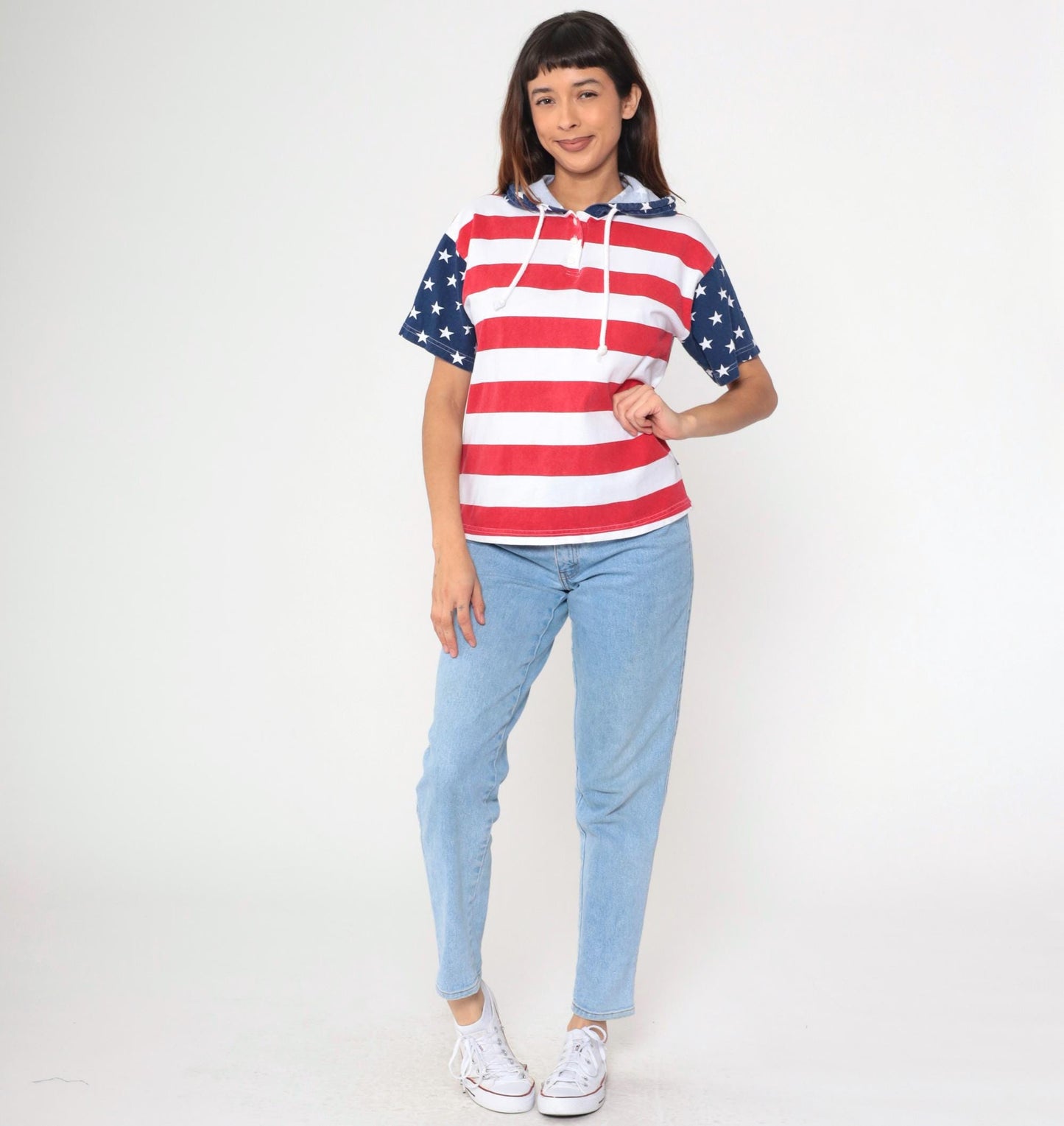 90s American Flag Stars and Stripes Hooded T-Shirt Cotton Youth Extra Large