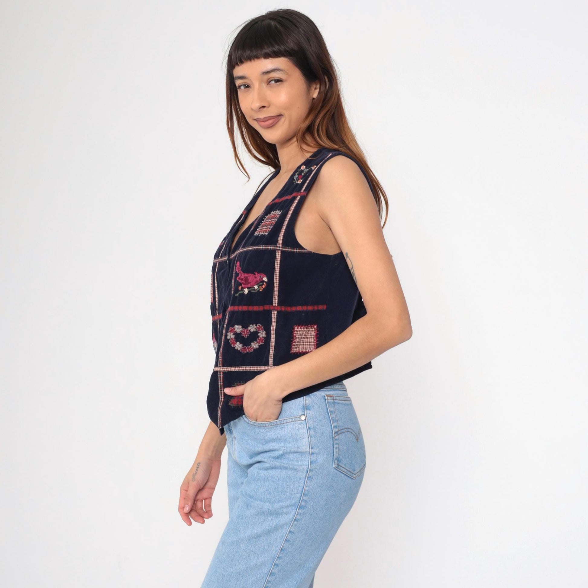 90s Navy Corduroy Patchwork Vest Button-Up Sleeveless Medium