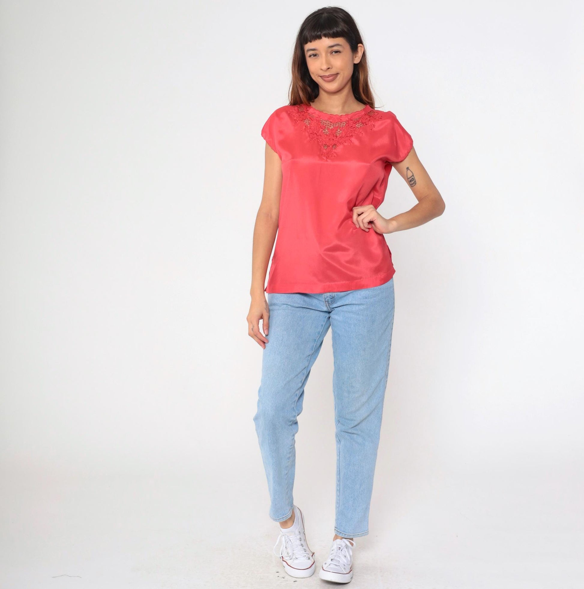 90s Coral Satin Blouse Floral Embroidered Cutwork Short Sleeve Medium