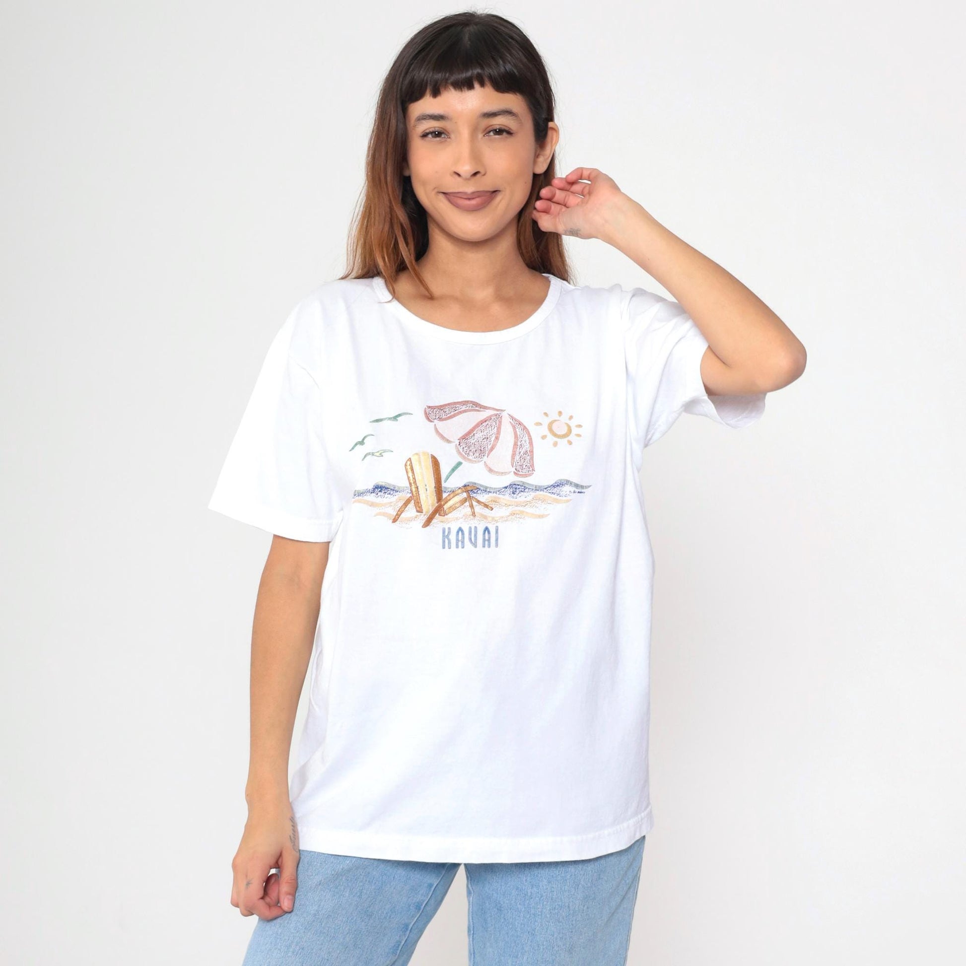 Y2K Kauai Hawaii Metallic Beach Graphic T-Shirt Cotton Tee Large