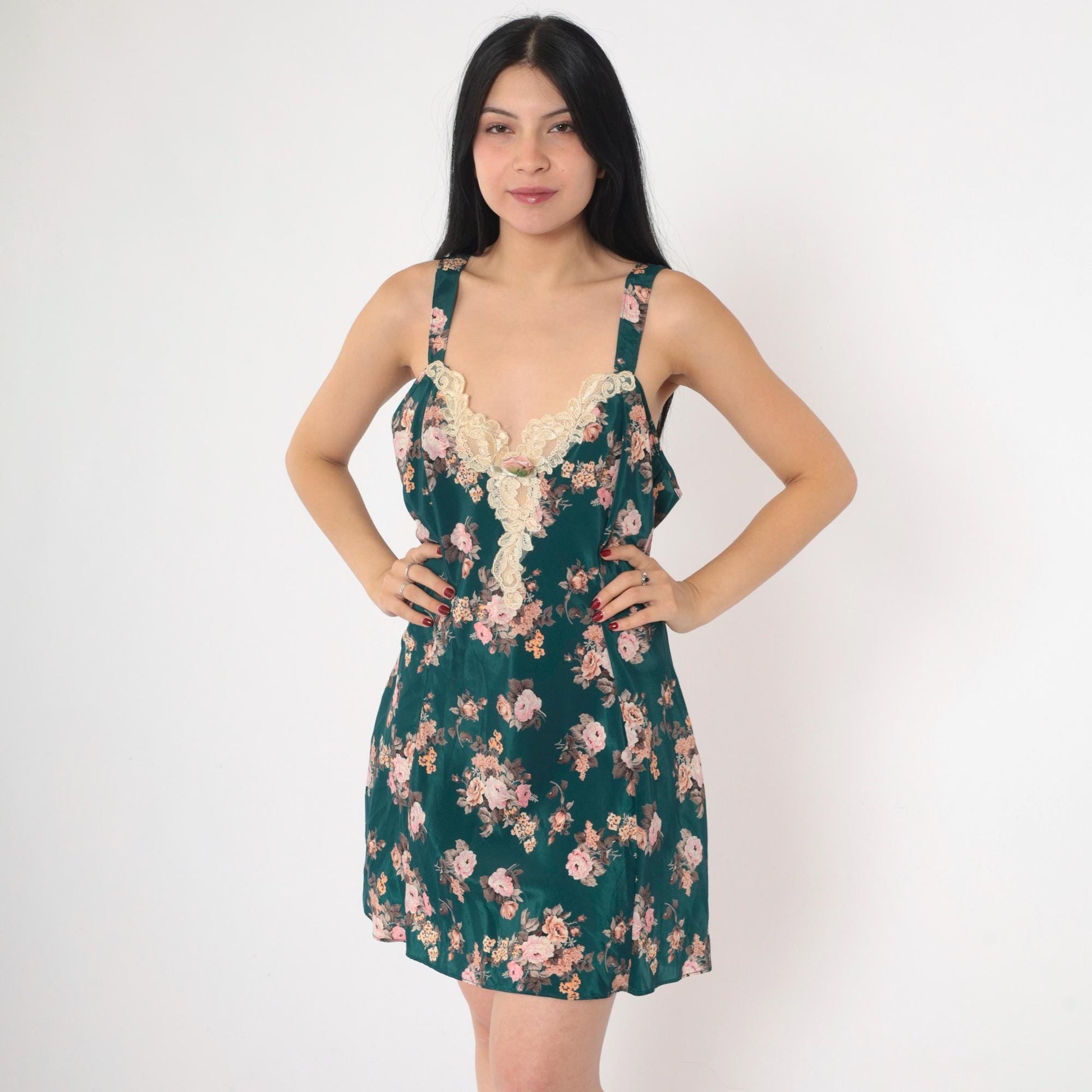 90s Green Floral Satin Slip Dress Pink Rosette Lace Trim Mini V-Neck Medium