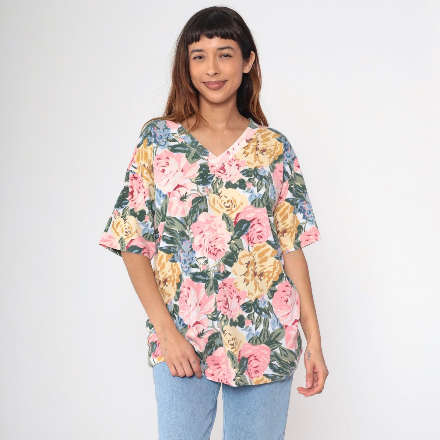 90s Express Tricot Floral T-Shirt Pink Rose Yellow Blue V-Neck Large L