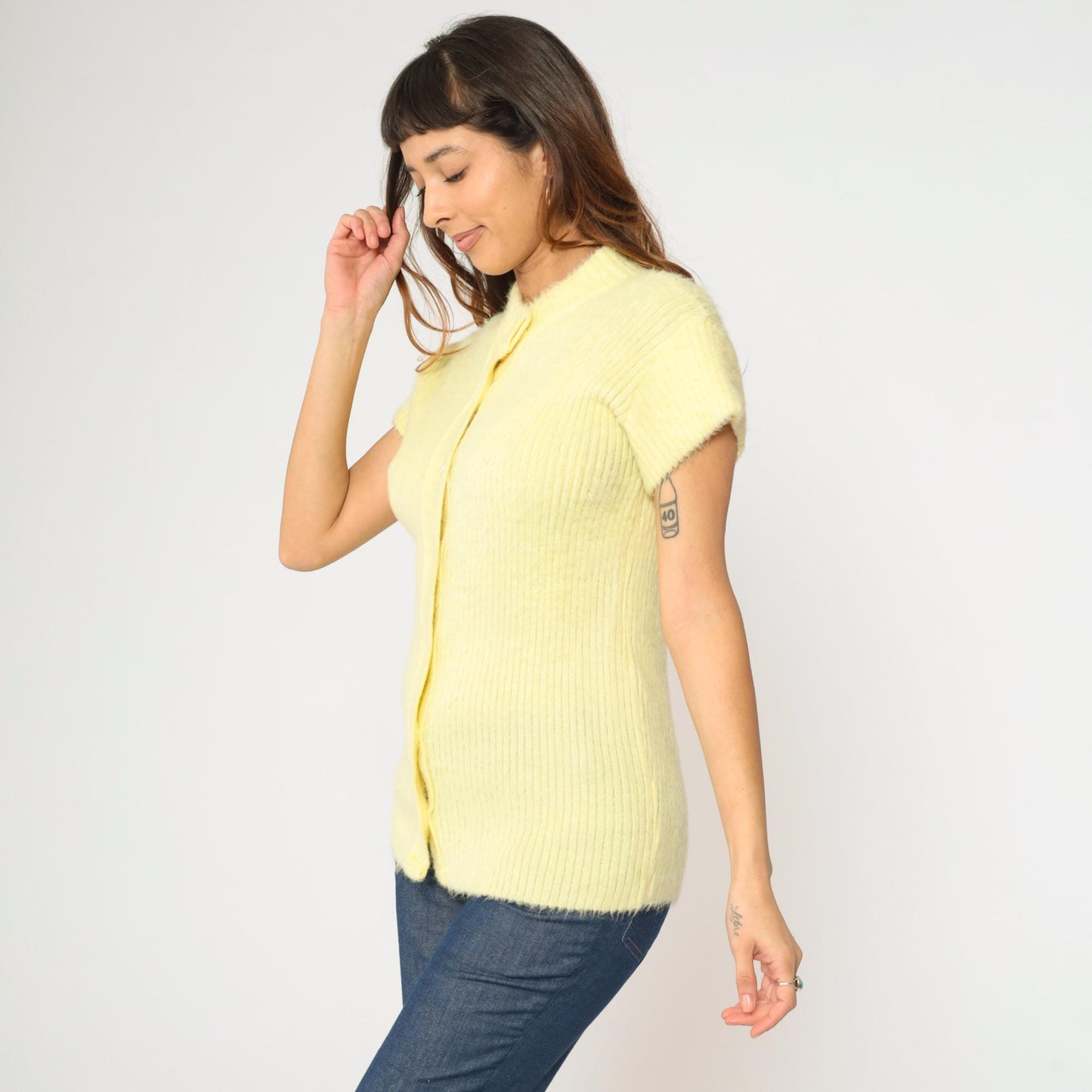 60s Light Yellow Fuzzy Knit Cardigan Short Sleeve Button Up Small S
