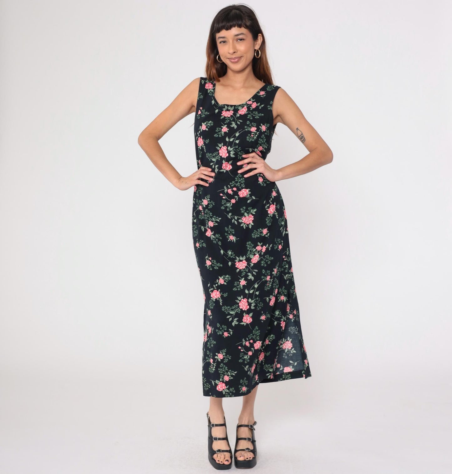 90s Kathie Lee Black Floral Midi Dress Pink Flower Print Sleeveless Medium