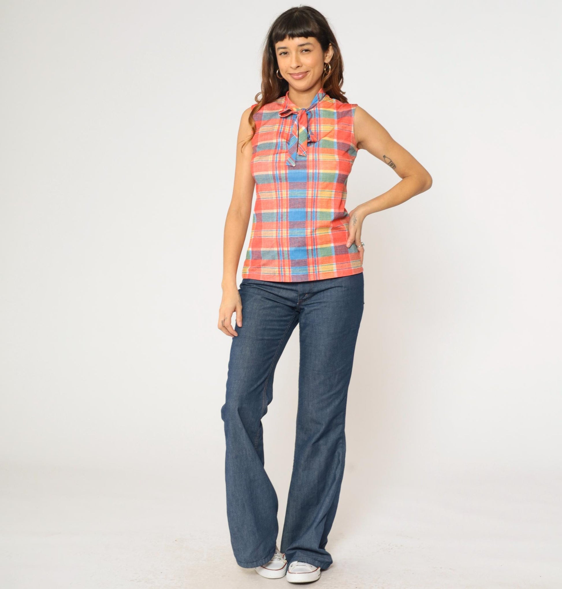 70s Checkered Tank Top Ascot Neckline Sleeveless Blouse Orange Blue Yellow Small