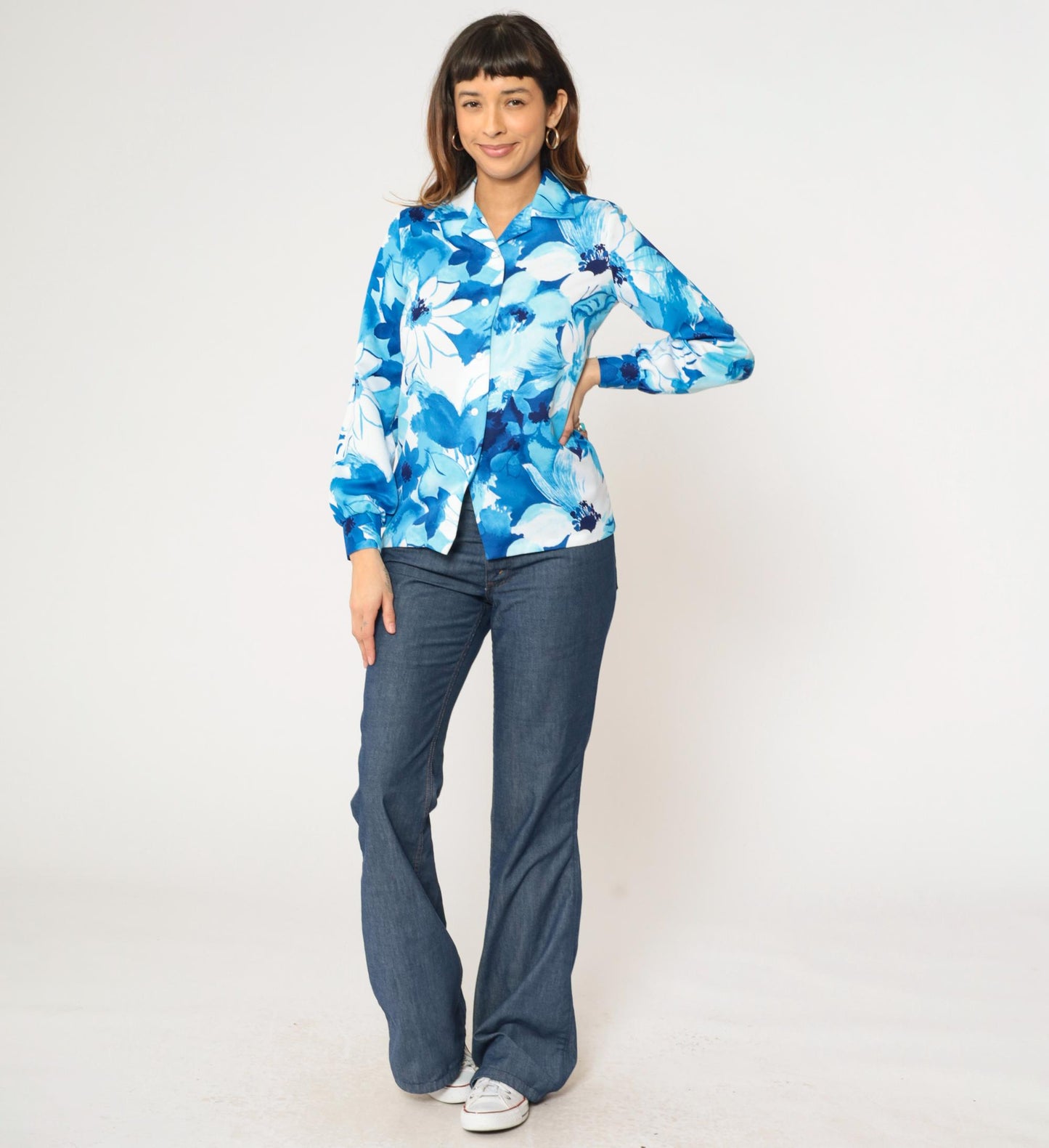 70s Kamehameha Floral Button-Up Blouse Blue White Long Sleeve Small