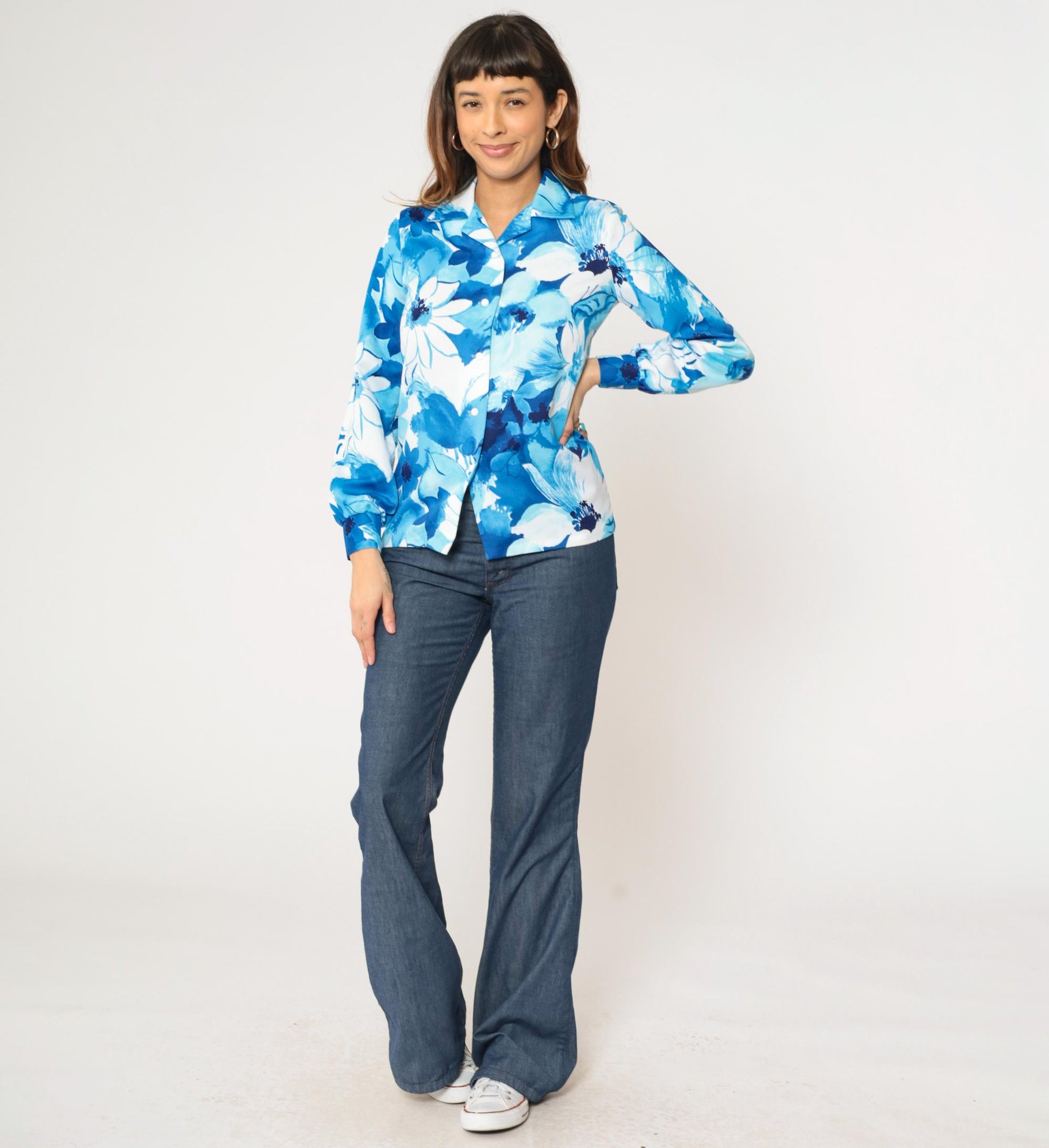70s Kamehameha Floral Button-Up Blouse Blue White Long Sleeve Small
