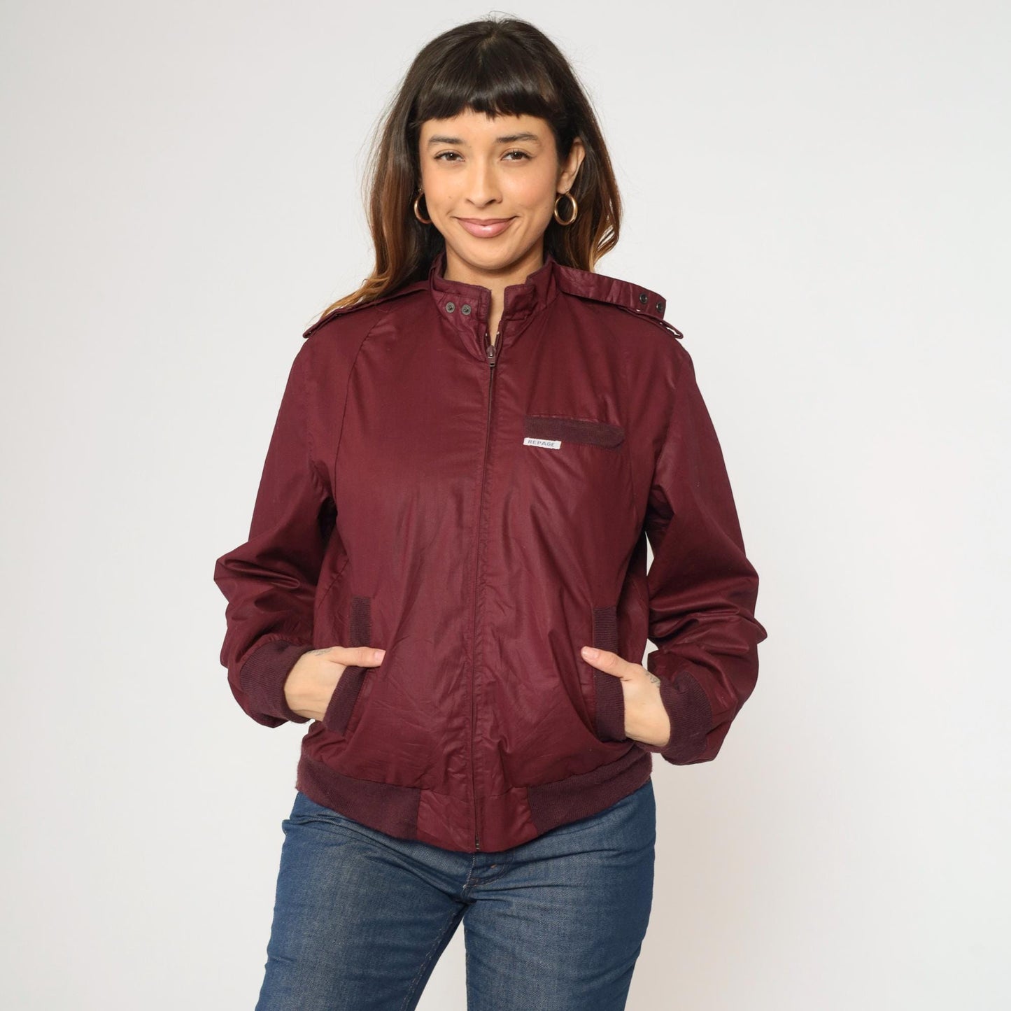 80s Burgundy Windbreaker Jacket 9 to 5 Clock Graphic Epaulette Zip-Up Small