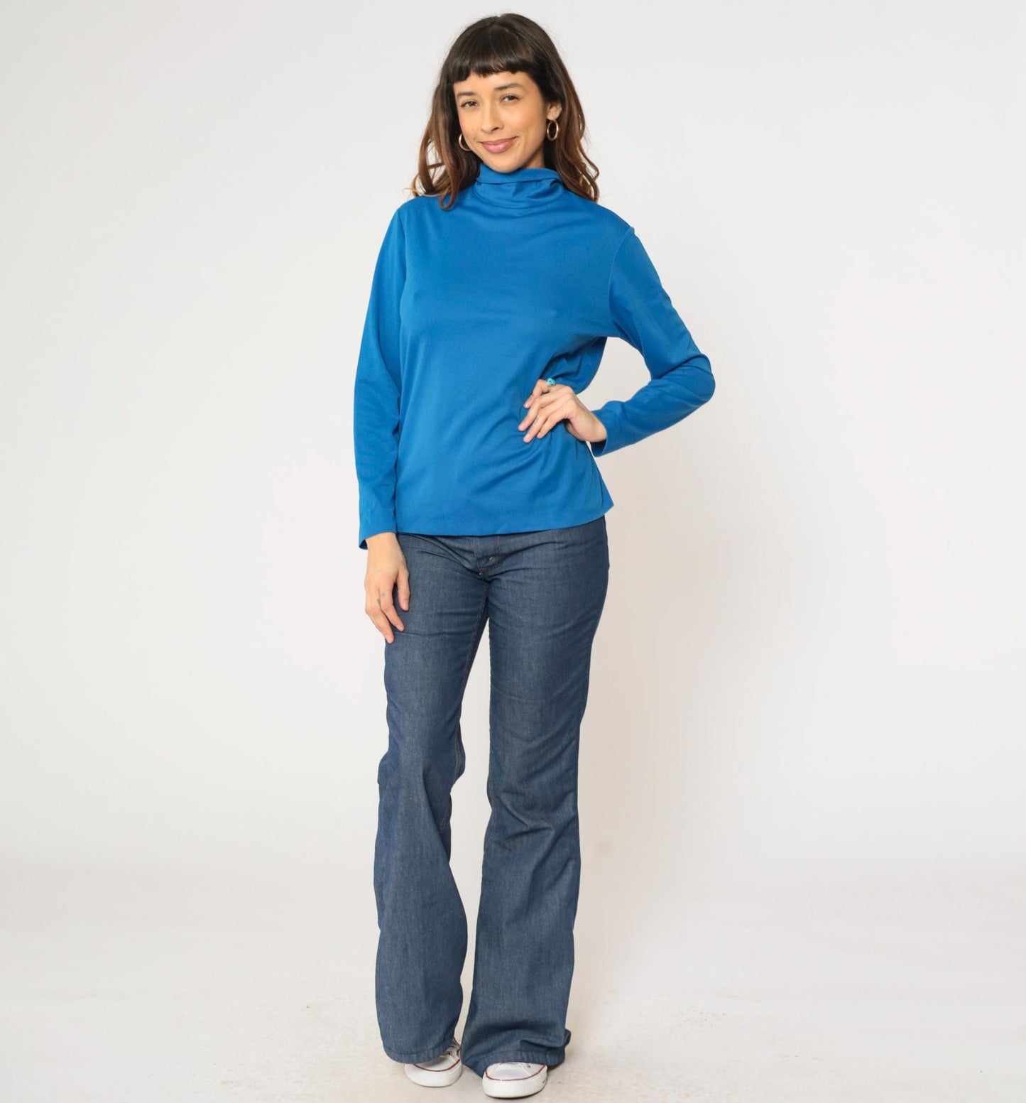 70s Bright Blue Turtleneck Long Sleeve Polyester Shirt Medium