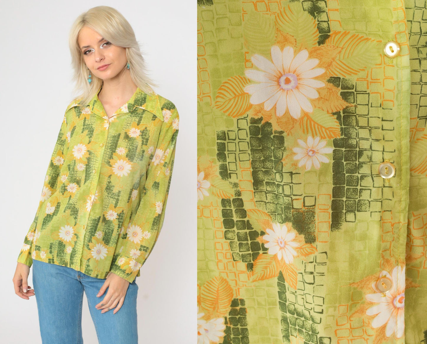 70s Green Floral Button-Up Blouse Dagger Collar Long Sleeve Medium