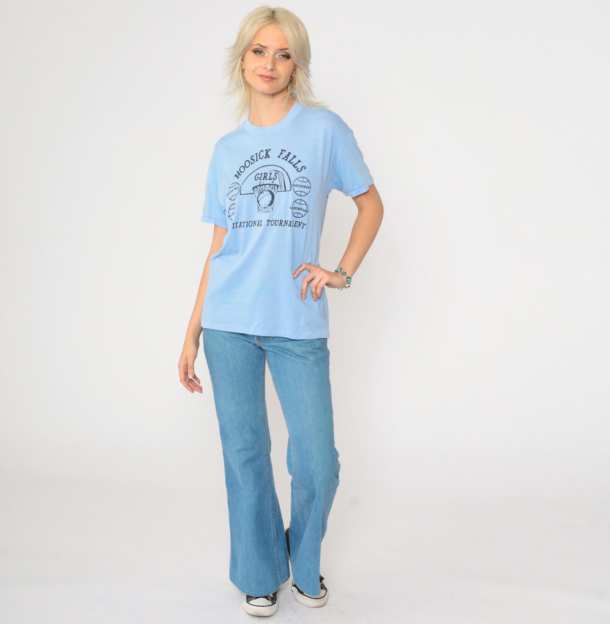 80s Hoosick Falls Girls Invitational Basketball Tournament Tee Light Blue Small