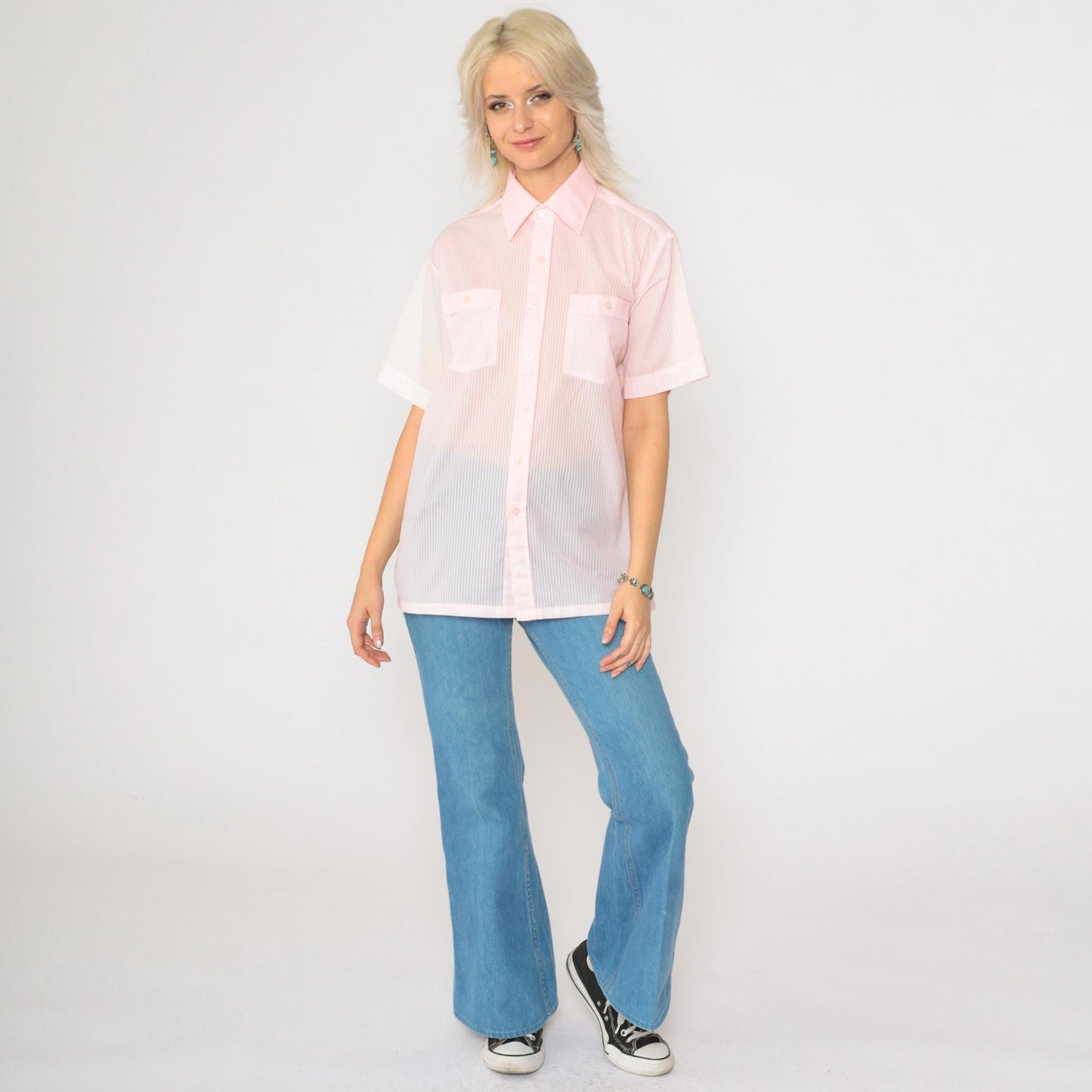 70s Sea-Aire Baby Pink Striped Button-Up Shirt Short Sleeve Men's Medium