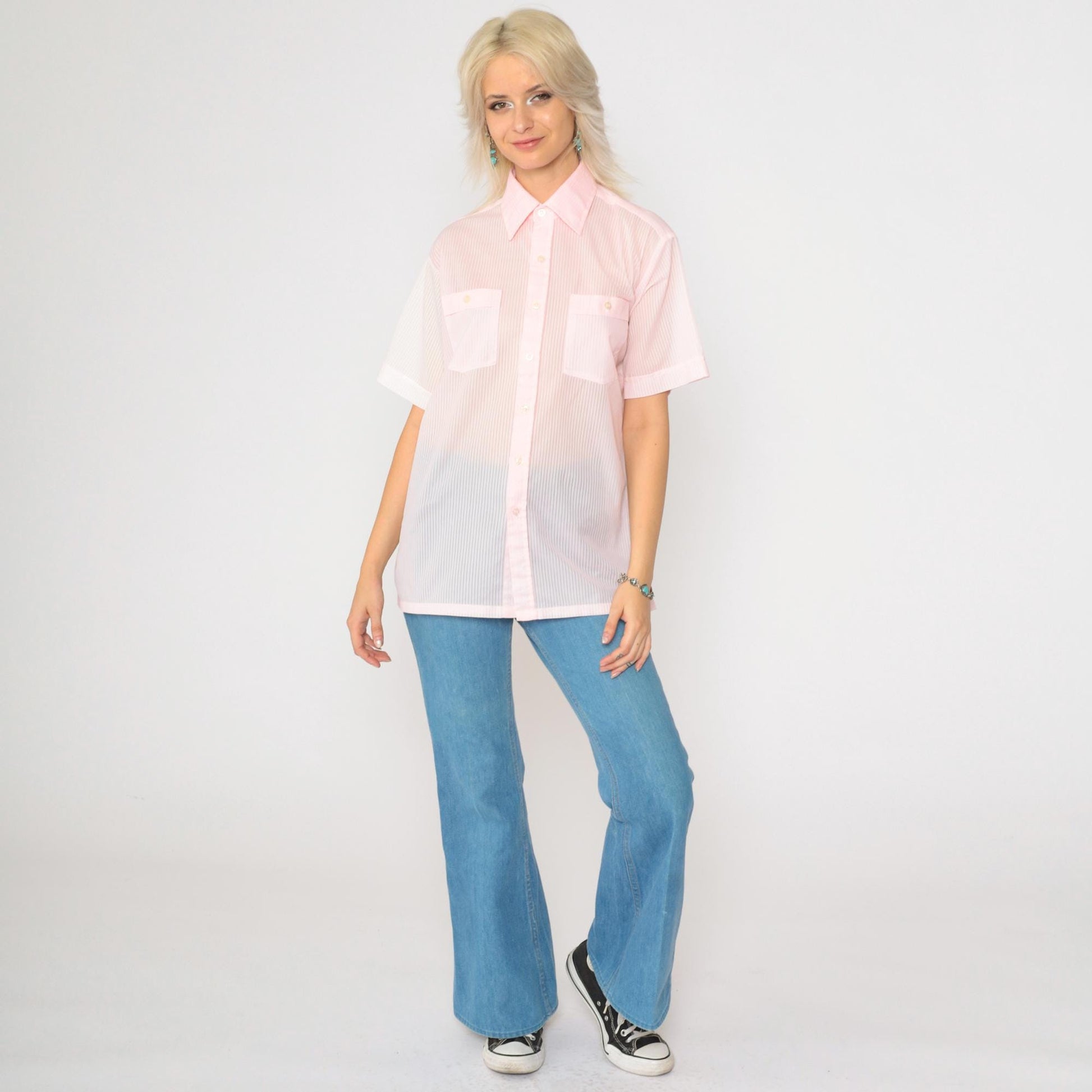 70s Sea-Aire Baby Pink Striped Button-Up Shirt Short Sleeve Men's Medium