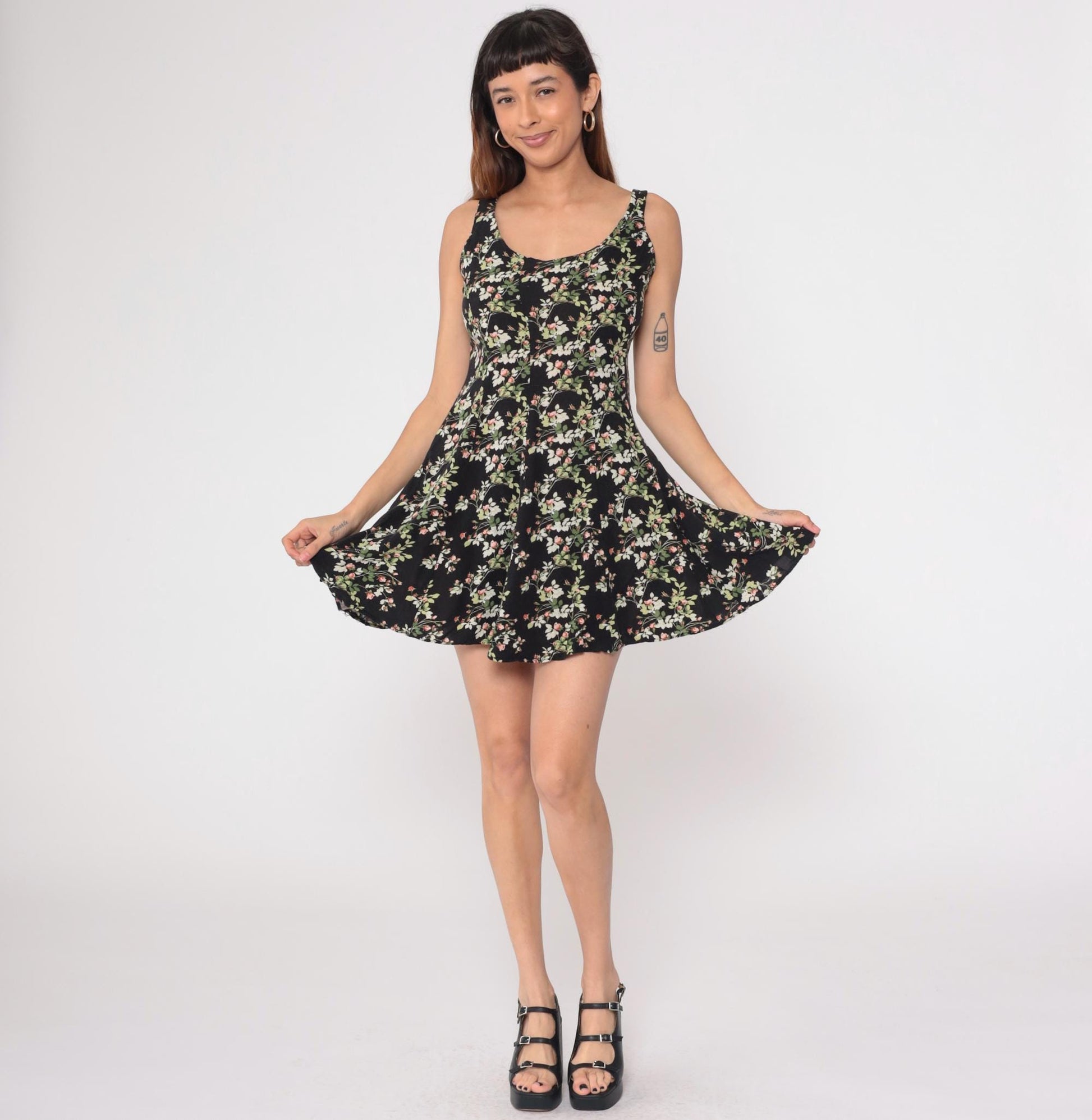 90s Black Floral Mini Dress Sleeveless A-Line Rayon Sundress Small