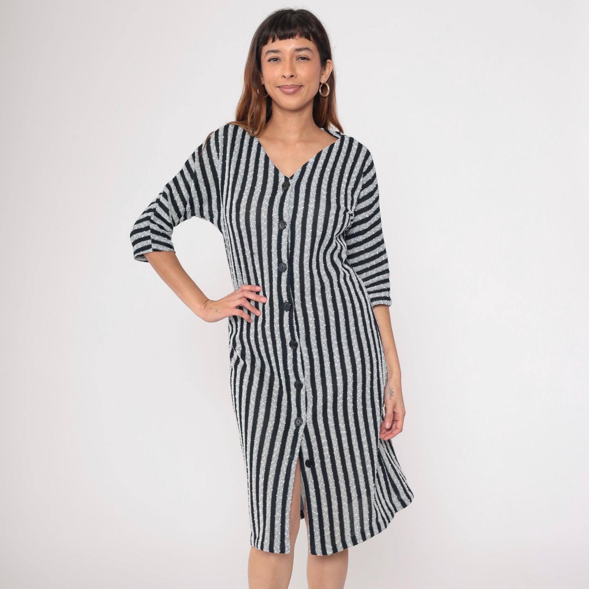 90s Black White Striped Knit Midi Shirtdress Dolman Sleeve V Neck Medium