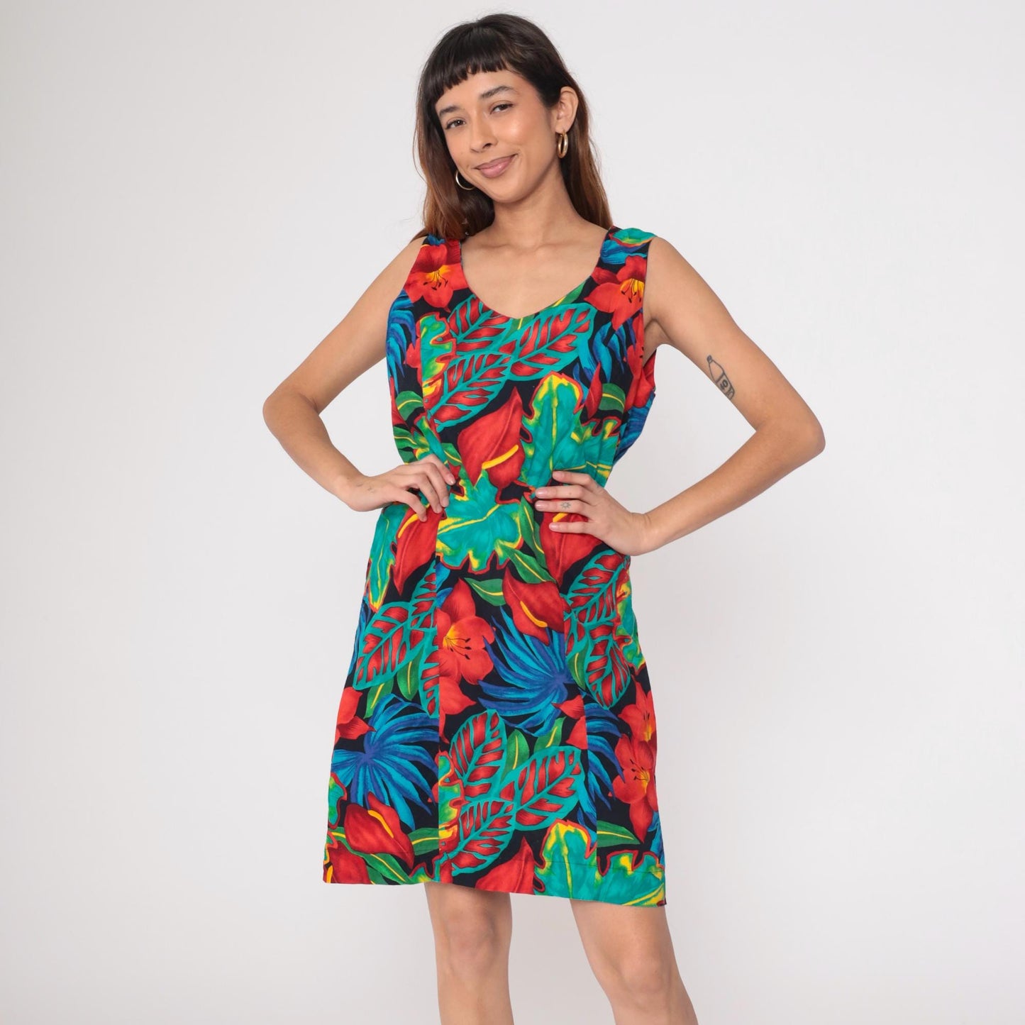 90s Black Tropical Floral Shift Dress Knee Length Sleeveless Large L