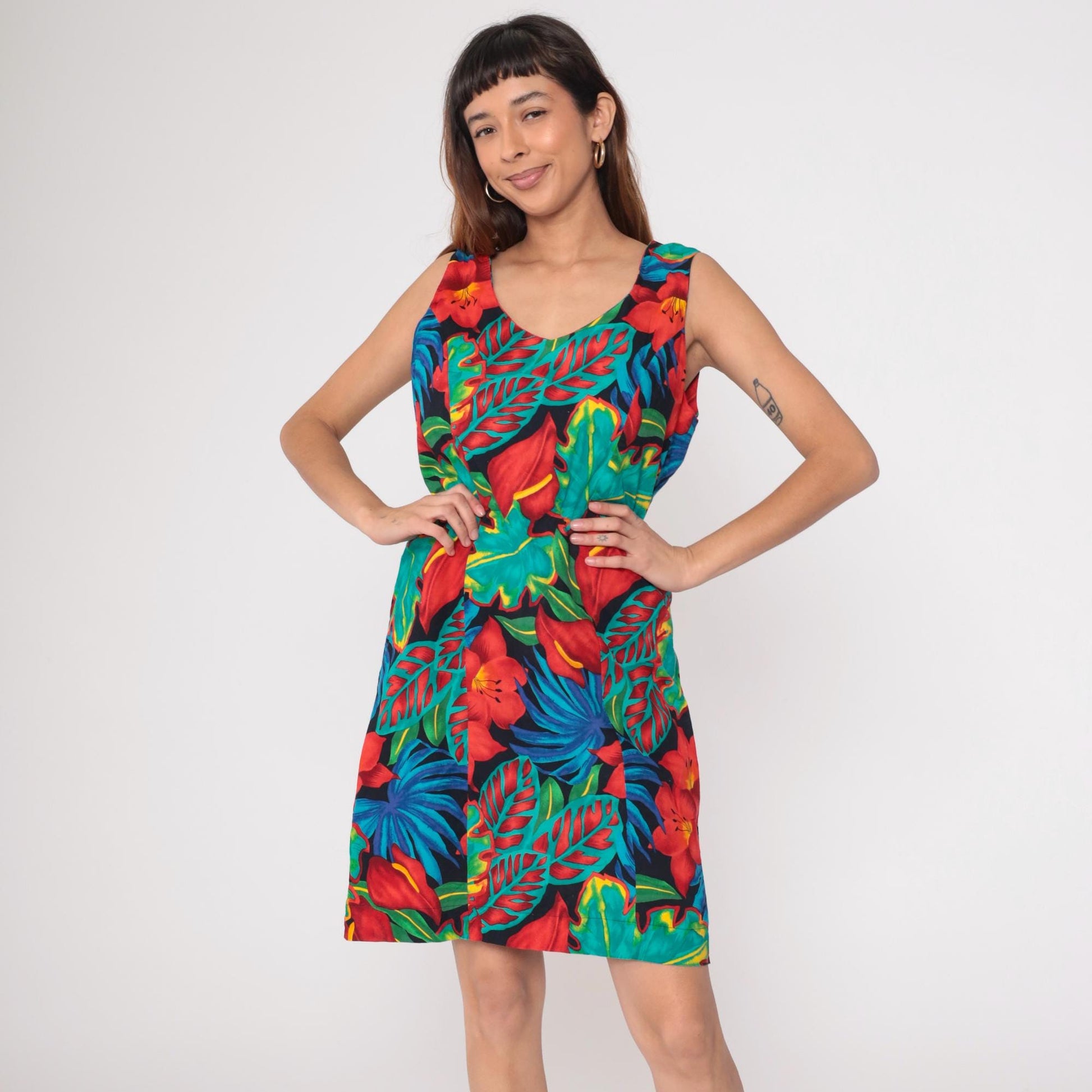 90s Black Tropical Floral Shift Dress Knee Length Sleeveless Large L