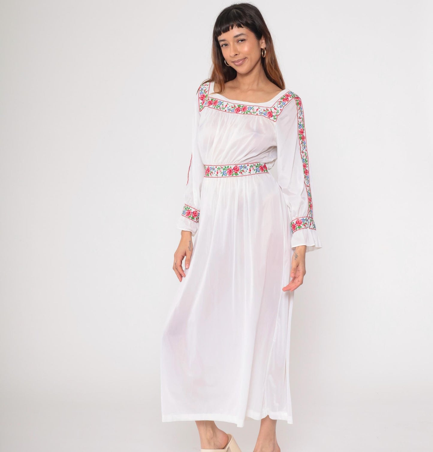 70s Sears Sheer White Floral Embroidered Maxi Nightgown High Waist Large