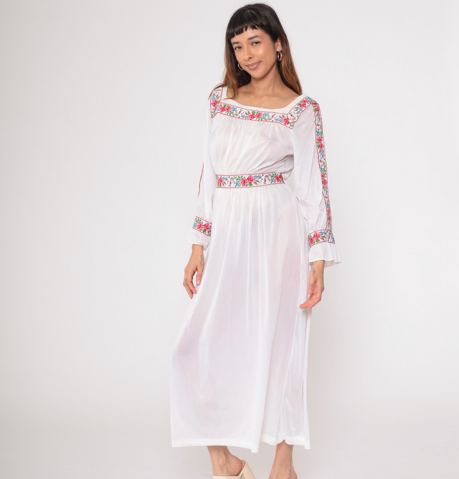 70s Sears Sheer White Floral Embroidered Maxi Nightgown High Waist Large