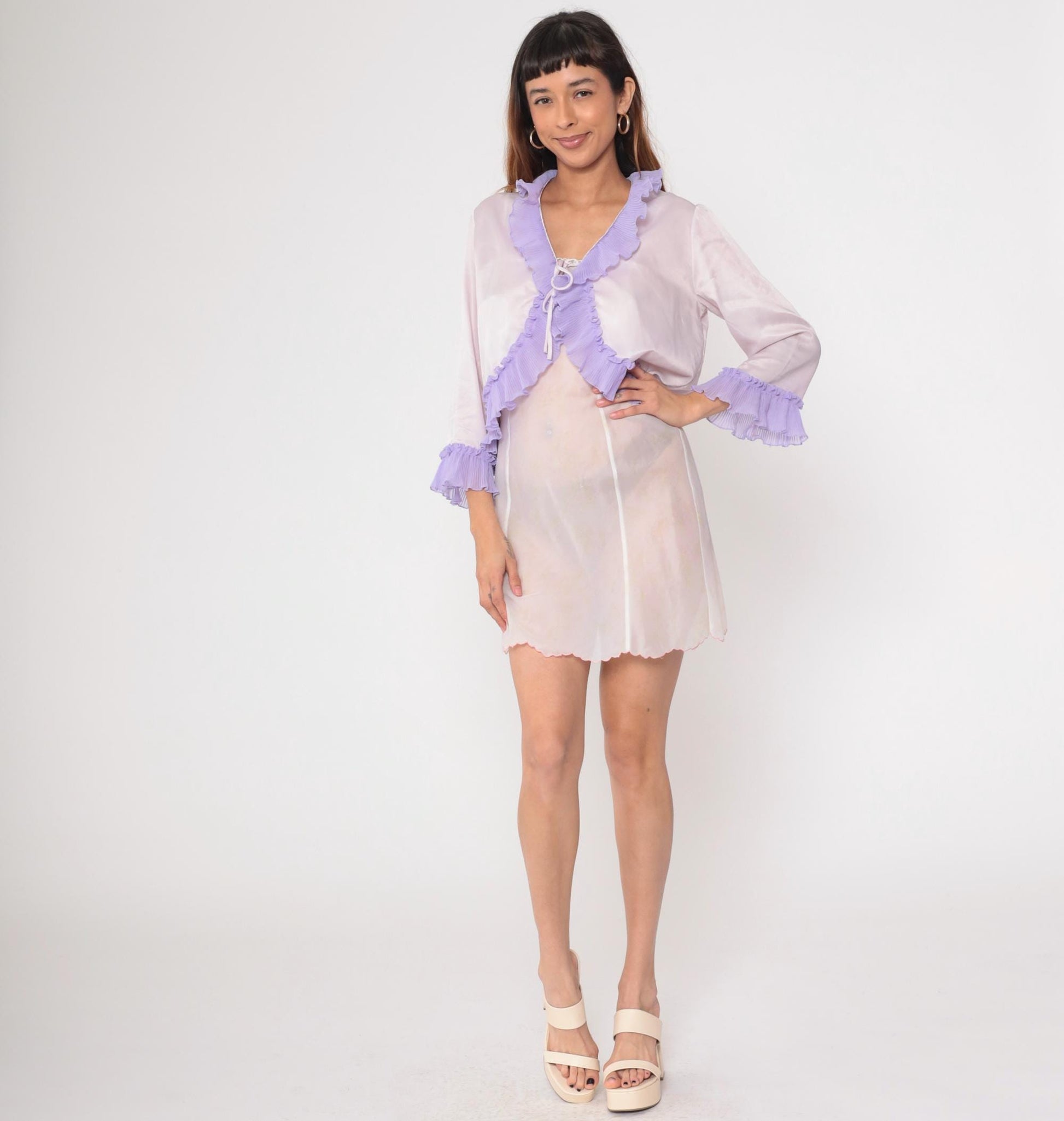90s Mary McFadden Bed Jacket Pale Pink Lavender Ruffled Tie Front Small