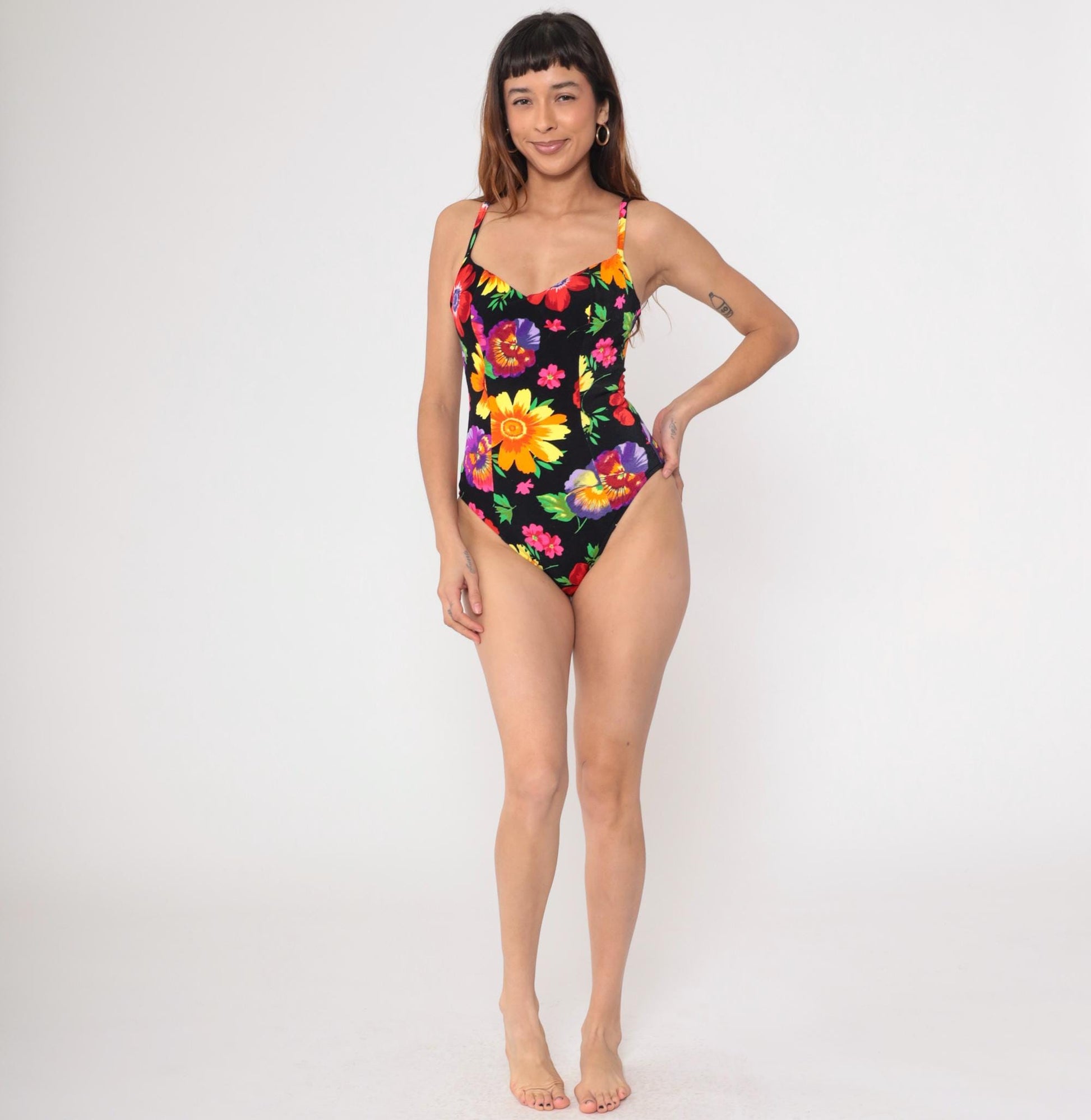 90s Floral One-Piece Swimsuit Black Scoop Back Tropical Print Small Medium