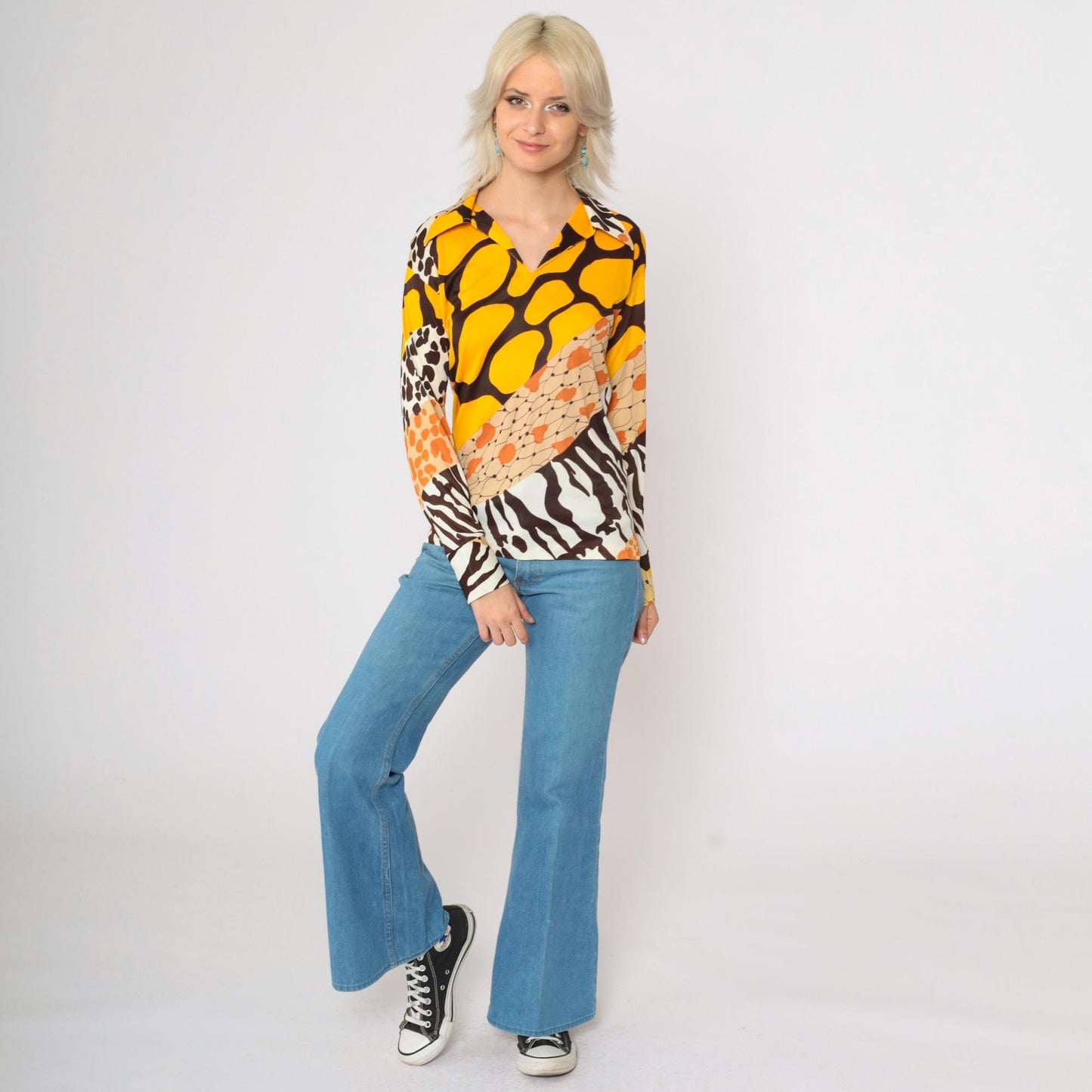 70s Mixed Animal Print Blouse Long Sleeve V-Neck Yellow Brown Small
