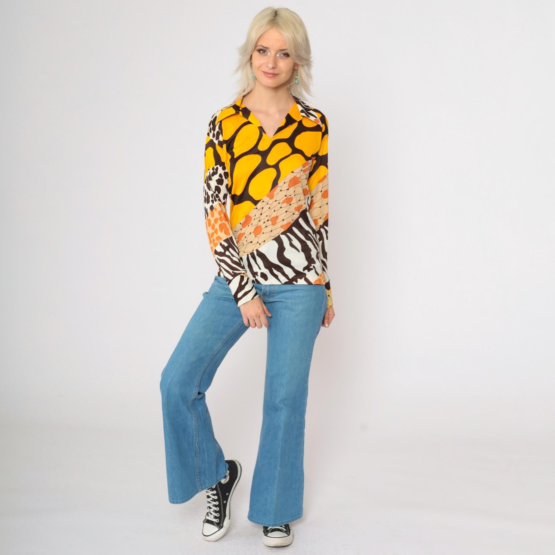 70s Mixed Animal Print Blouse Long Sleeve V-Neck Yellow Brown Small
