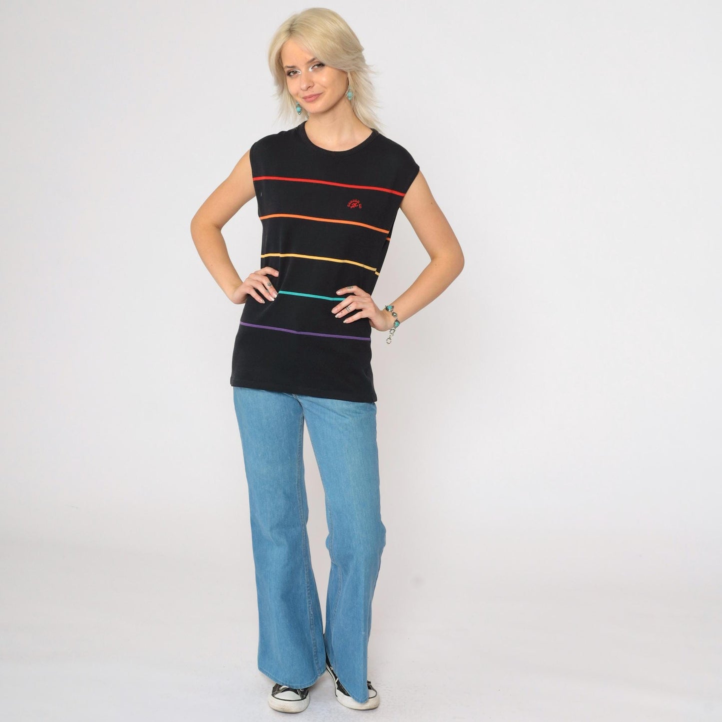 80s Runners Up Rainbow Striped Tank Top Black Muscle Shirt Small