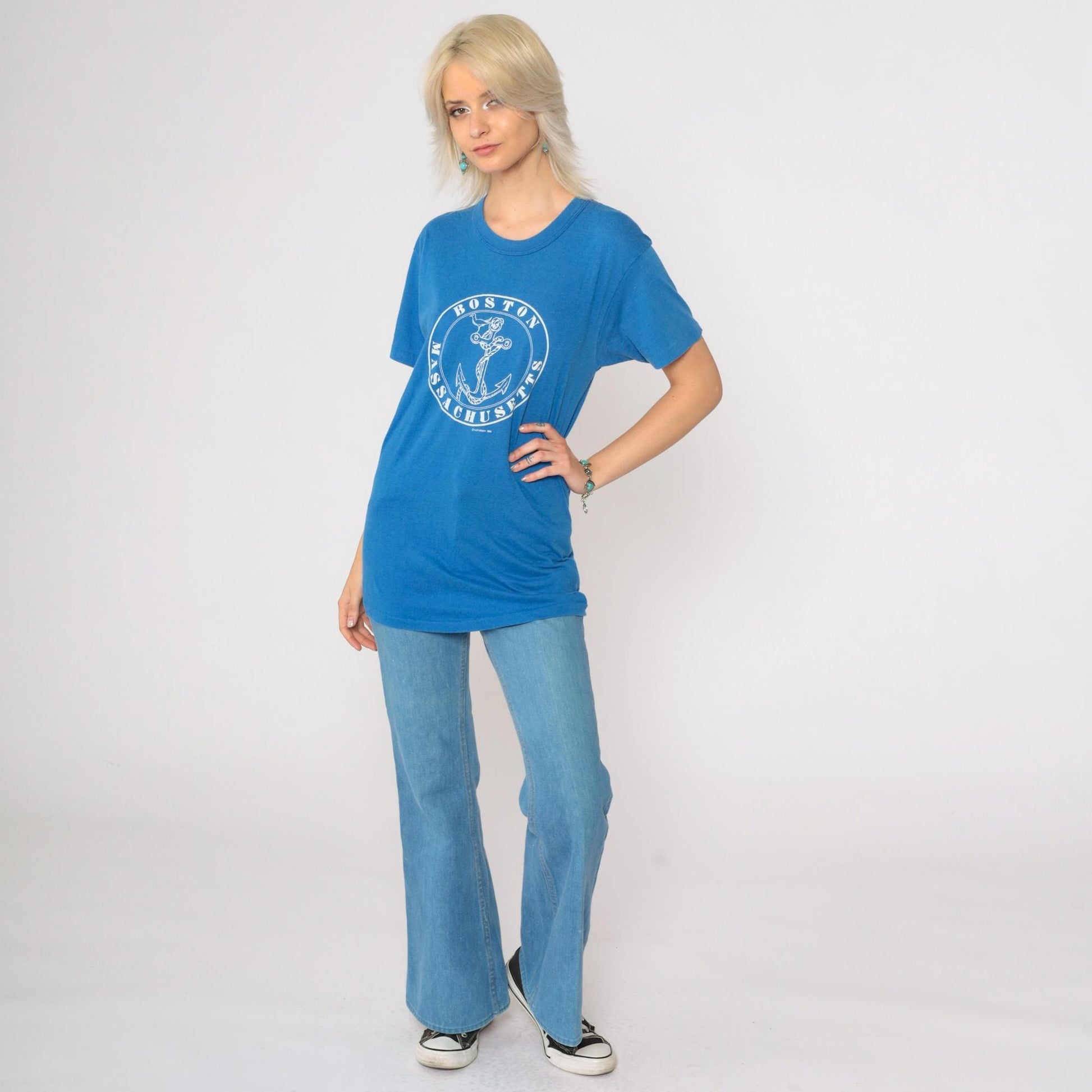 80s Boston Anchor Graphic T-Shirt Blue Single Stitch Tee Small