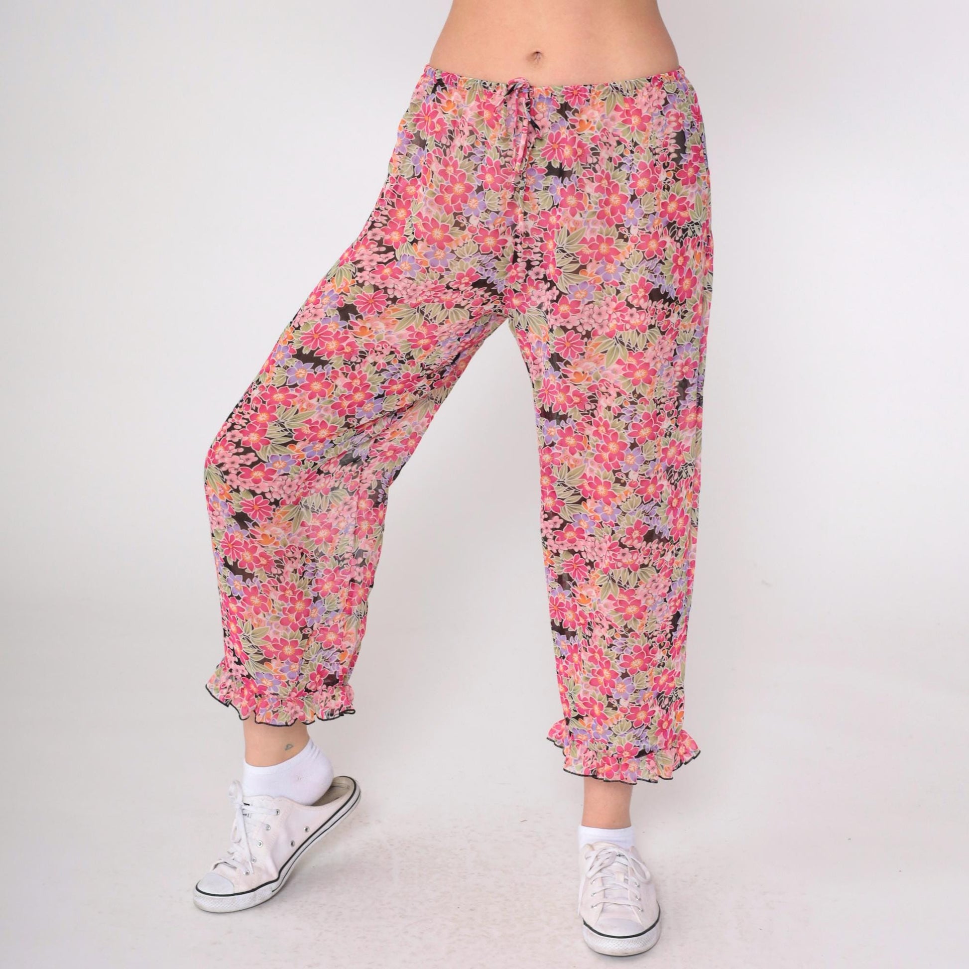 90s Sheer Floral Pink Cropped Trousers Ruffled Hem Drawstring Small