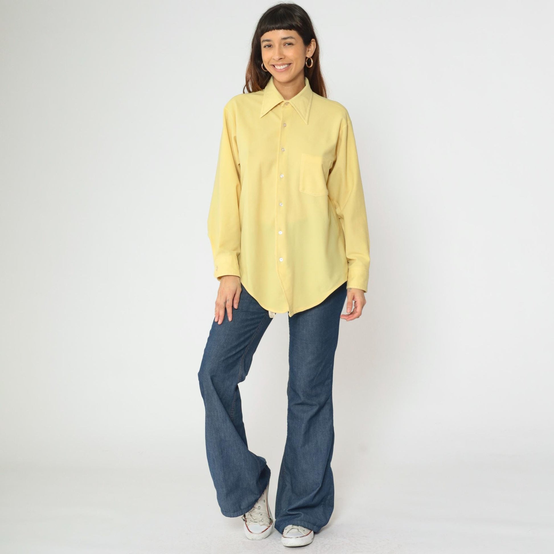 70s Van Heusen Yellow Pointed Collar Button-Up Shirt Long Sleeve Large