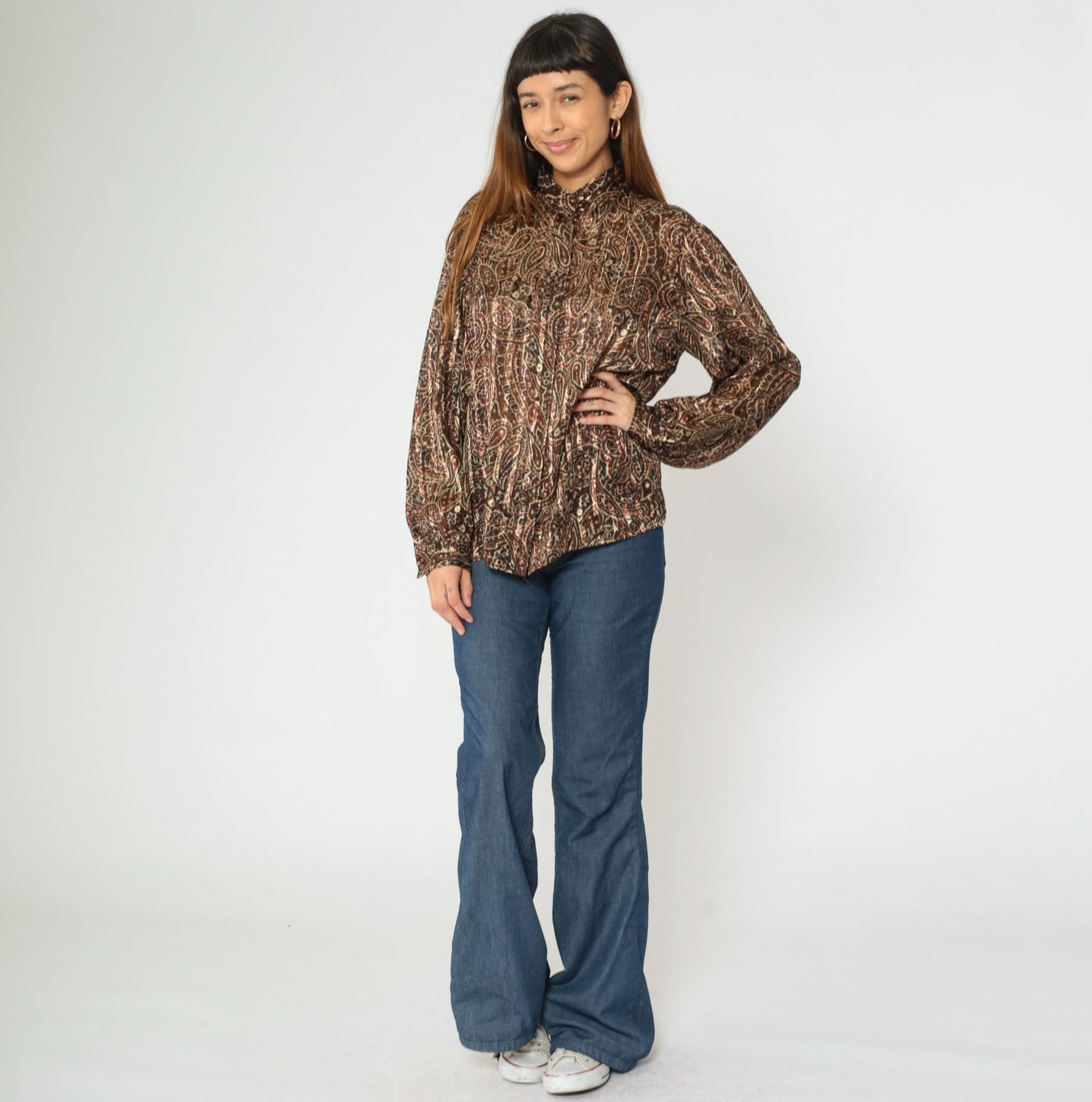 80s Yves St. Clair Paisley Puff Sleeve Blouse Metallic High Collar Large