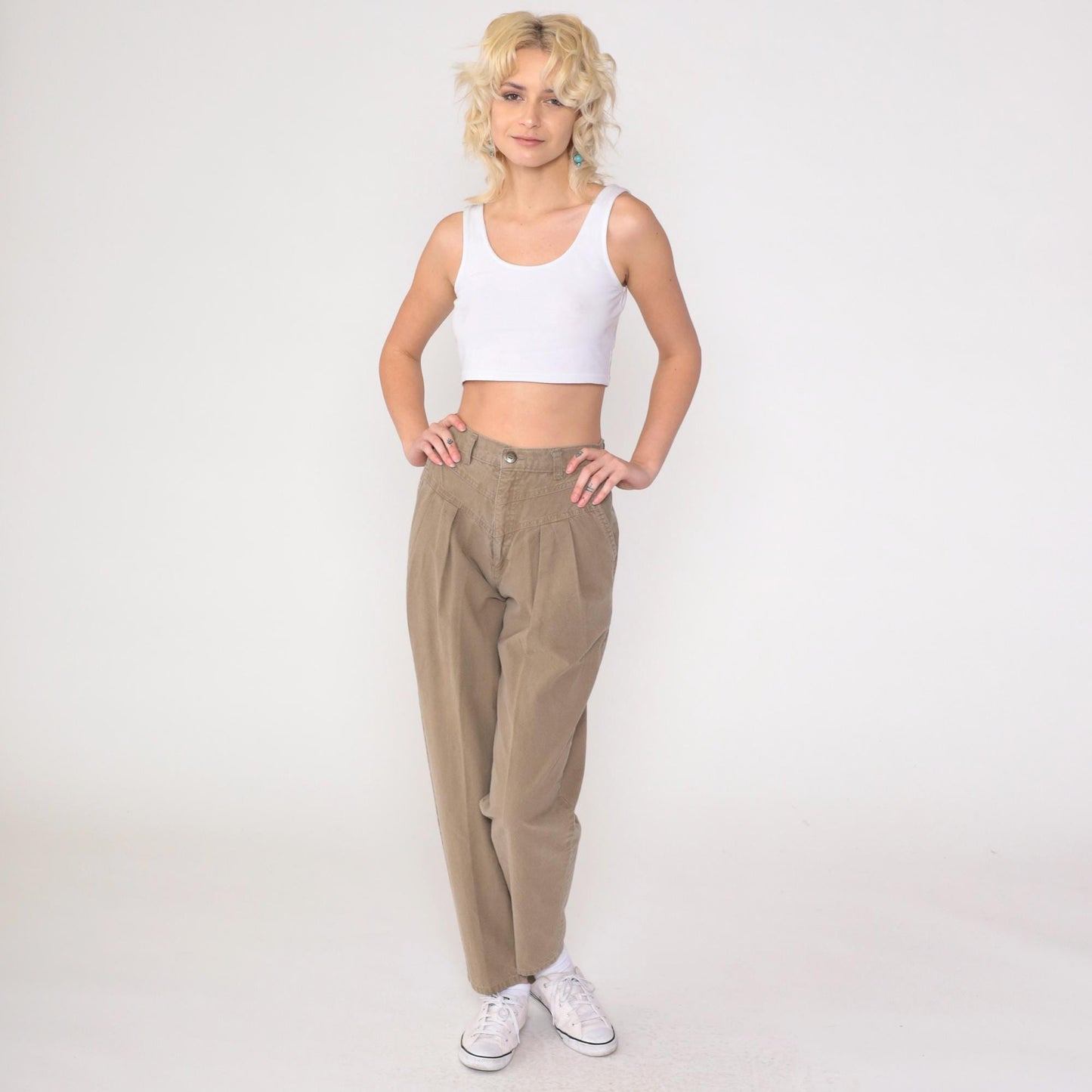 90s Cherokee Brown Cotton High-Waisted Pleated Trousers Small