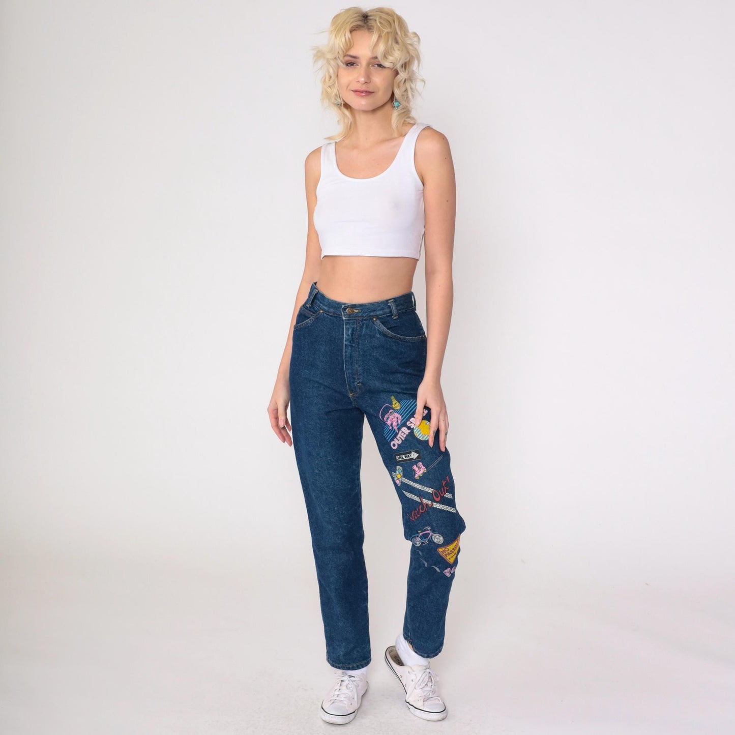 90s Astronaut Roller Skate Graphic High-Waist Jeans Dark Blue Denim Extra Small