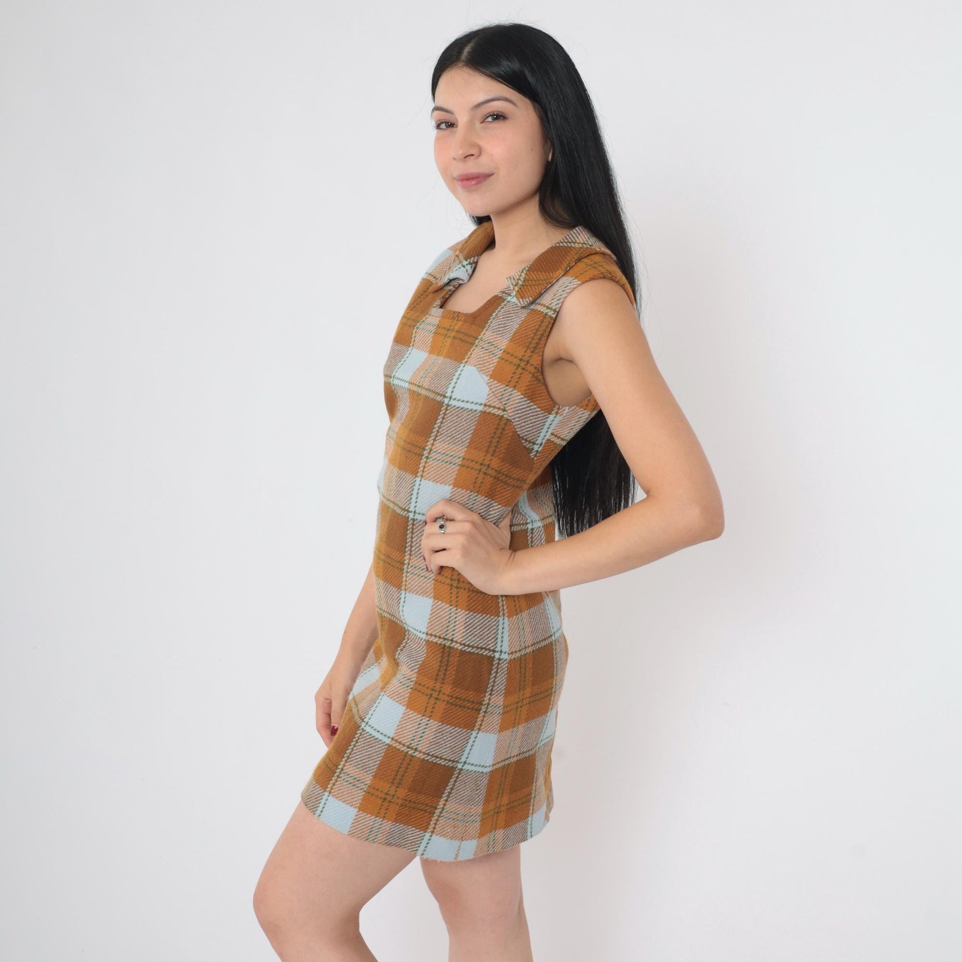 60s Plaid Shift Dress Mini Sleeveless Square Neckline Brown Orange Blue Small S