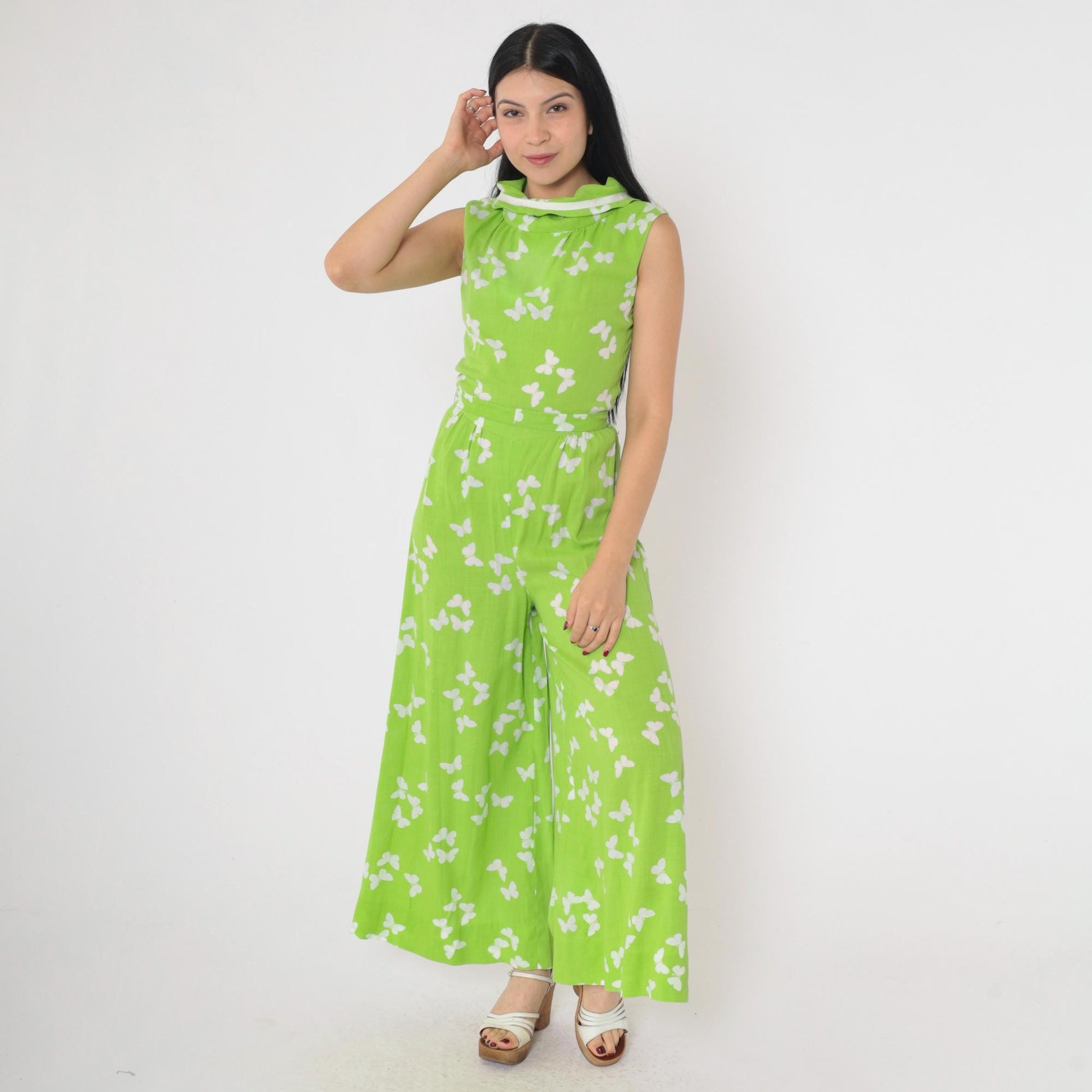 70s Butterfly Jumpsuit Wide Leg Sleeveless Mock Neck Green Small