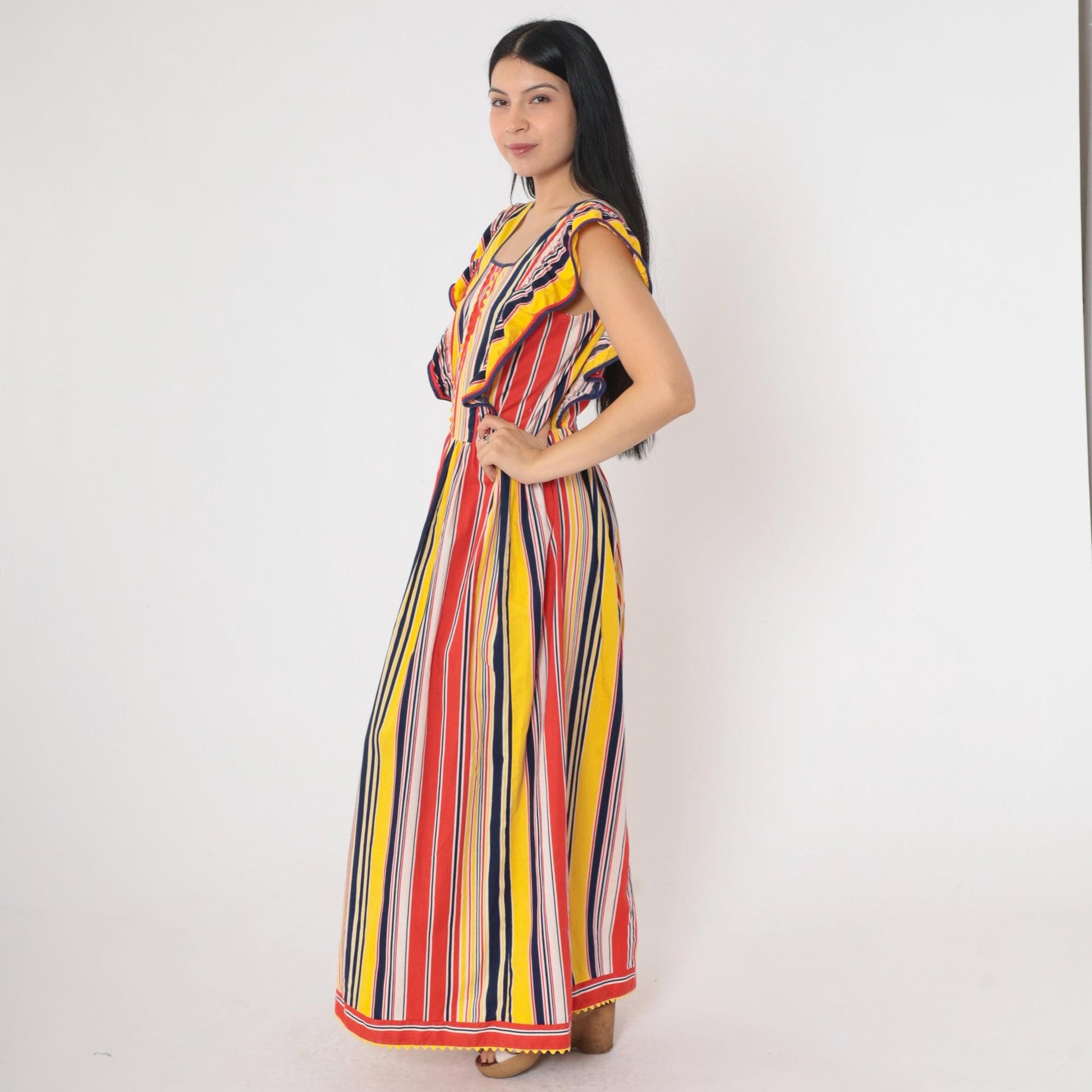 70s Striped Maxi Dress High Waist Ruffled Flutter Sleeve Red Yellow Navy Small Medium