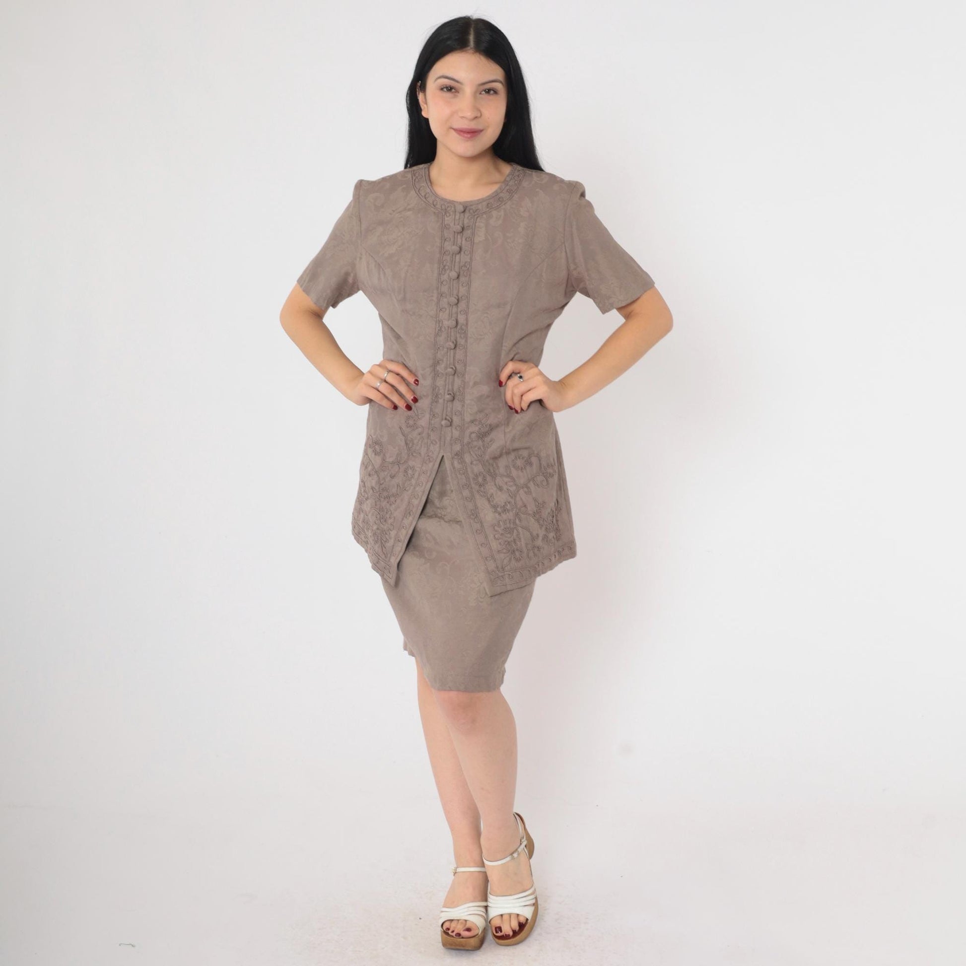90s Brown Floral Soutache Sheath Dress Short Sleeve Knee-Length Small