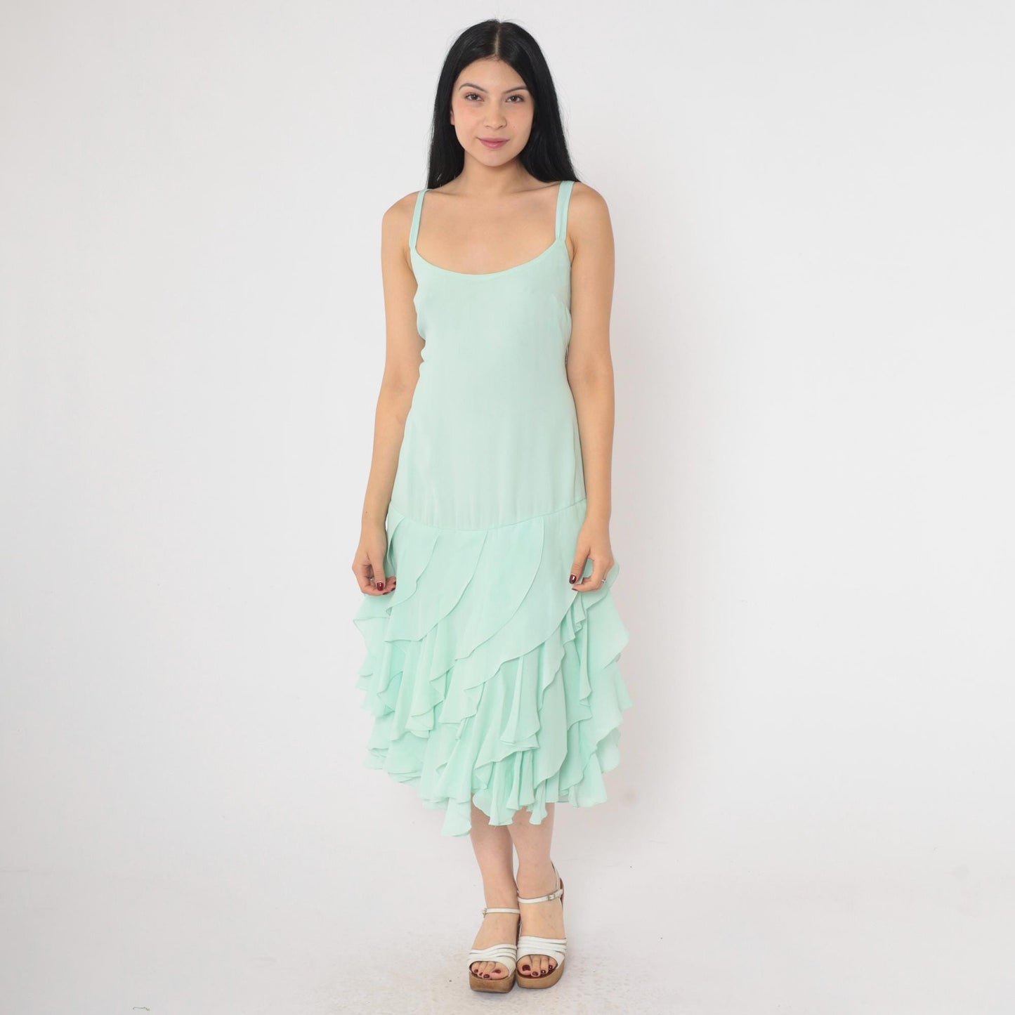 1970s Mint Green Midi Dress Spaghetti Straps Tiered Ruffle Hem Large
