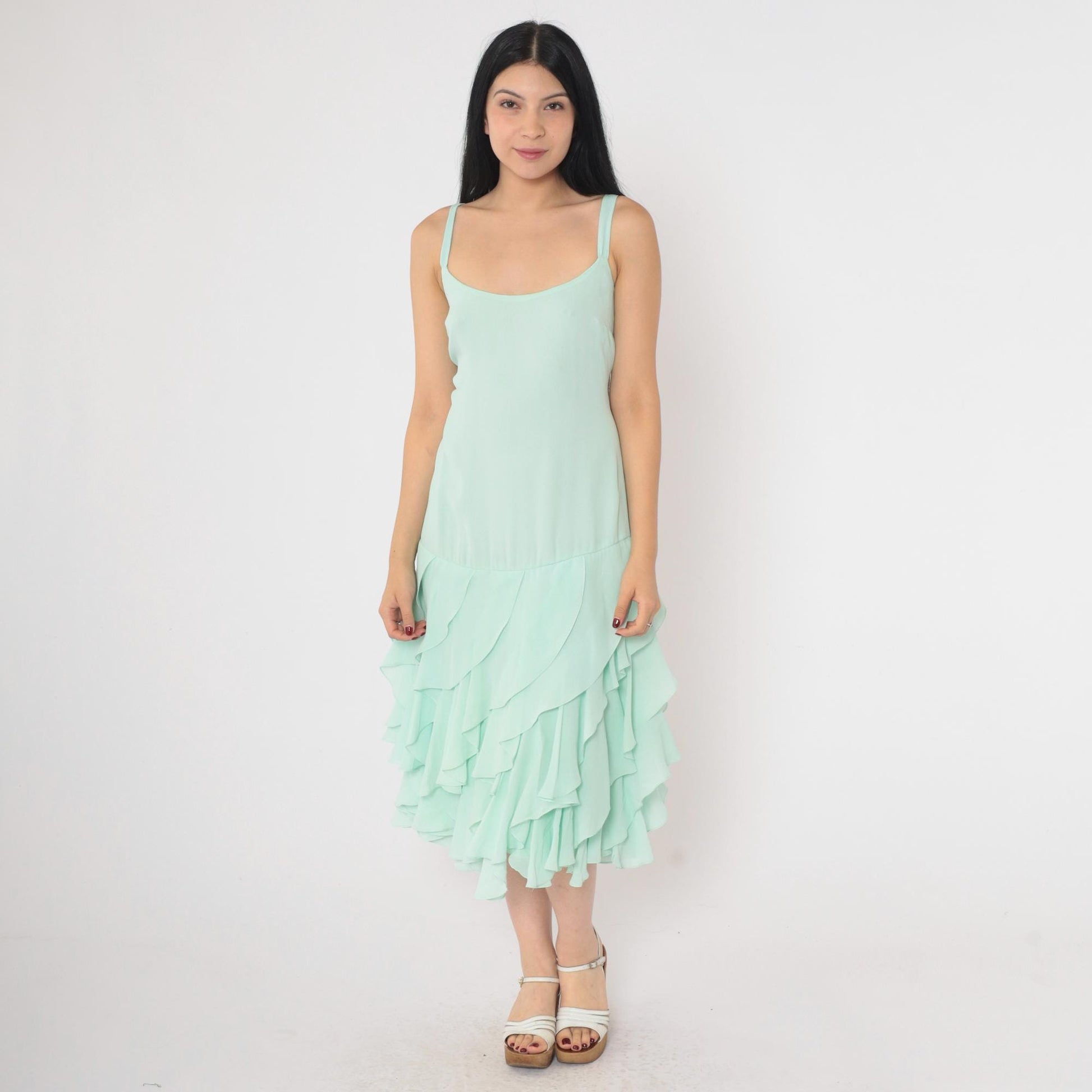 1970s Mint Green Midi Dress Spaghetti Straps Tiered Ruffle Hem Large