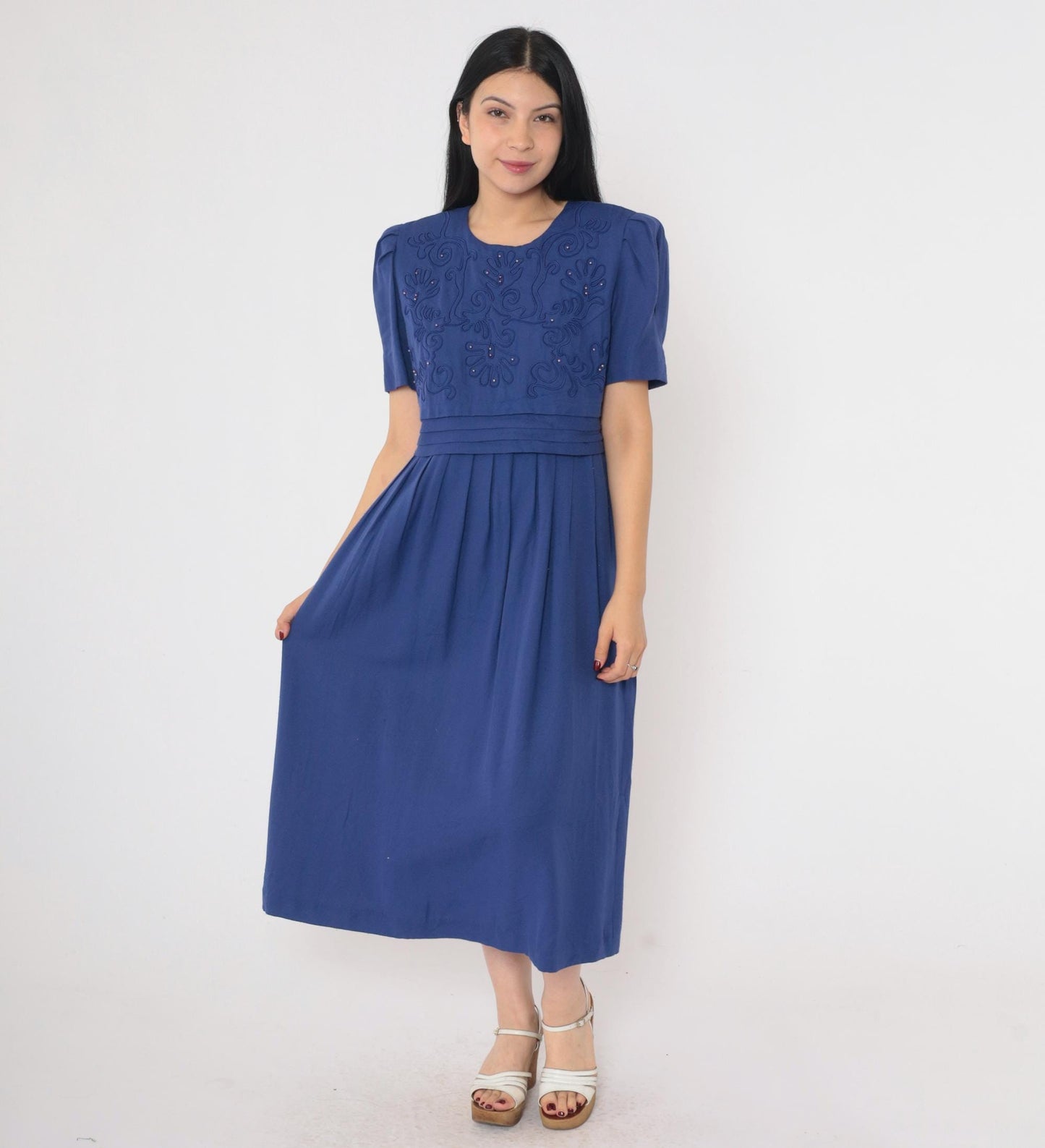 90s Karin Stevens Indigo Beaded Midi Dress Puff Sleeve High Waist Medium