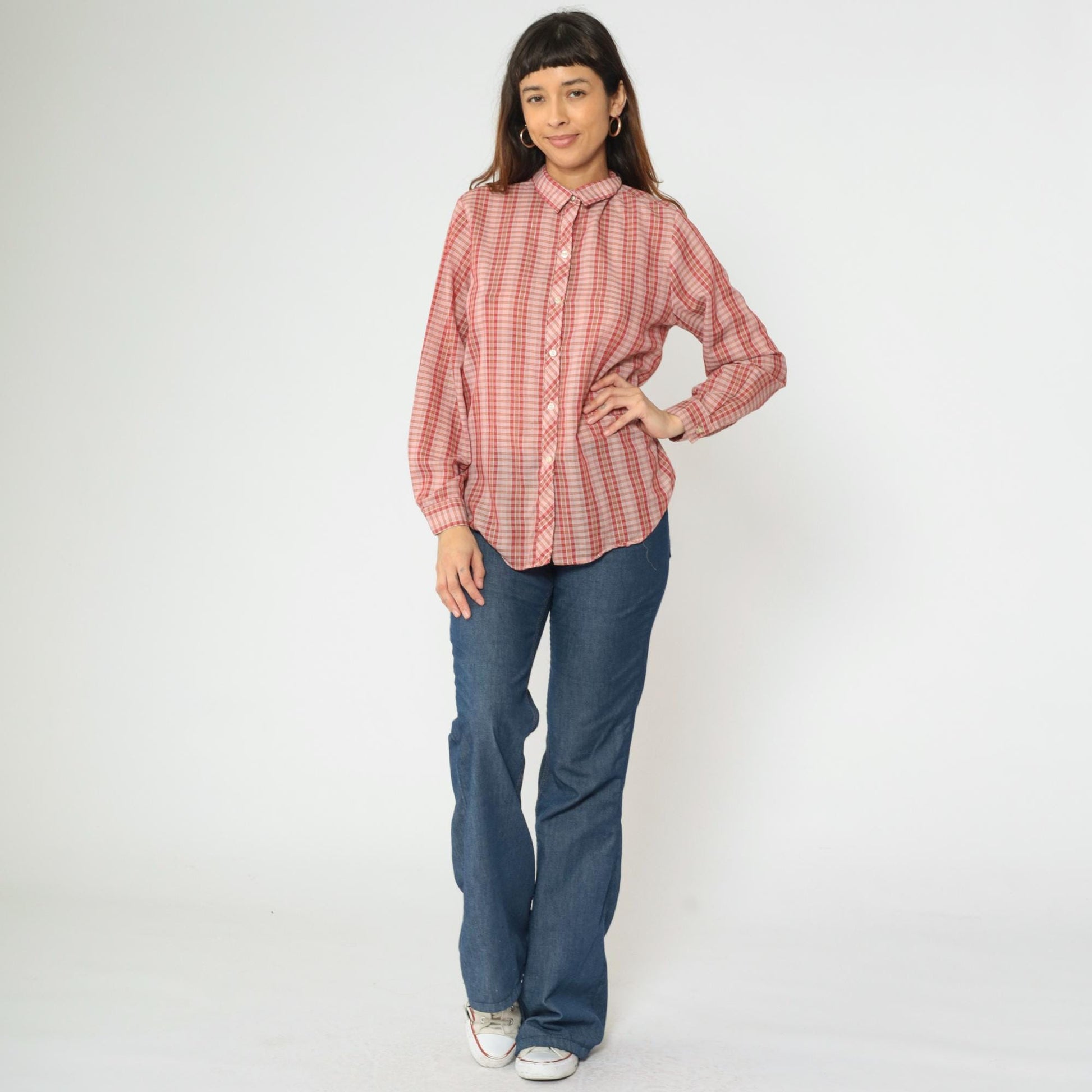70s Pink Checkered Button-Up Blouse Long Sleeve Collar Sears Medium