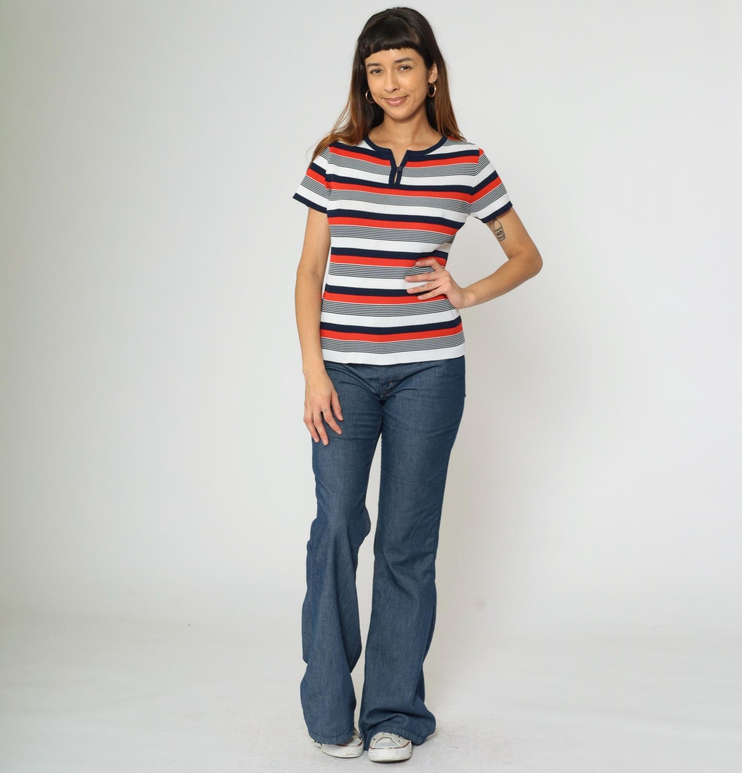 70s Striped Keyhole Neck Blouse Red White Navy Short Sleeve Small Medium