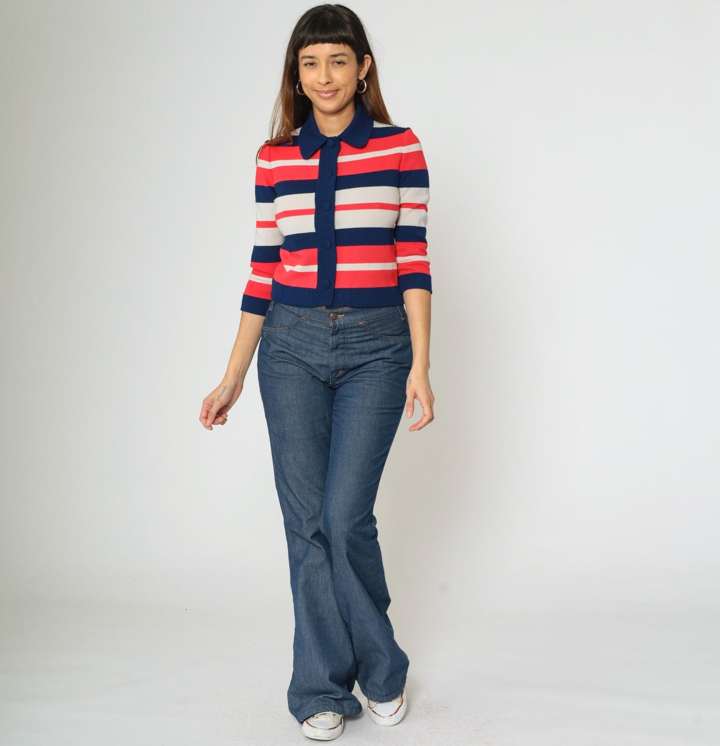 60s Striped Wool Cardigan Sweater Cropped Navy Pink White Small
